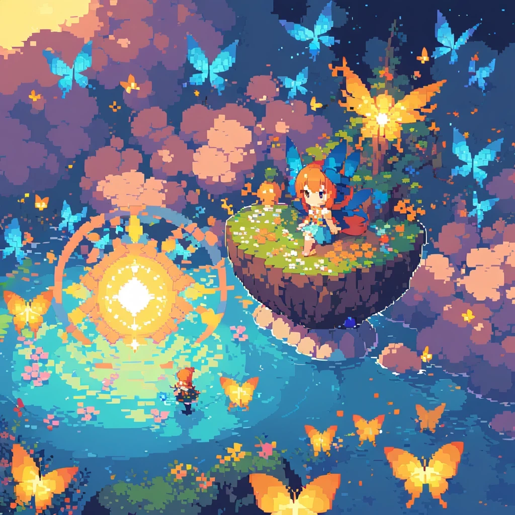 pixel art,girl,flowers,vibrant colors,bright,playful,retro,glowing,sparkling,sunshine,butterflies,magic,fantasy,floating,endless,twinkling,mystical,fairy tale,childhood memories,joyful,happiness