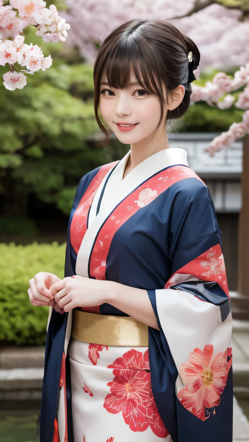 FF7 Аэрис, футуристическая сцена, Механически улучшенная японская гейша、Элегантный в красивом саду. У нее красиво детализированные глаза и губы, которые дополняют ее лицо.. Гейши носят традиционные кимоно с замысловатыми узорами и рисунками..。.золотое и серебряное кимоно。.。14-летняя девочка.. Around her are bright Цветение вишни and a quiet carp pond. Сцены нарисованы с использованием сочетания иллюстрации и фотореализма., Цветение вишни吹雪,Высокодетализированные мазки и резкость, яркие цвета. Освещение, подчеркивающее изящную фигуру гейши, Придает коже мягкий фарфоровый блеск.。. Работы высочайшего качества, Демонстрация изысканных деталей костюмов гейш., Цветение вишни, Со сверкающей карповой чешуей. Общая цветовая гамма такая、、、、традиционные японские сочетания цветов, малиновый, ждать., С тонкими золотыми акцентами, с футуристическим уклоном. Слияние древних традиций и современных технологий、、Создавайте завораживающие и визуально впечатляющие шедевры.Фон представляет собой традиционный японский дизайн ярко-красного и белого цветов..、случайная поза、я&#39;смеющийся、Кимоно с нежным узором、стоп поза