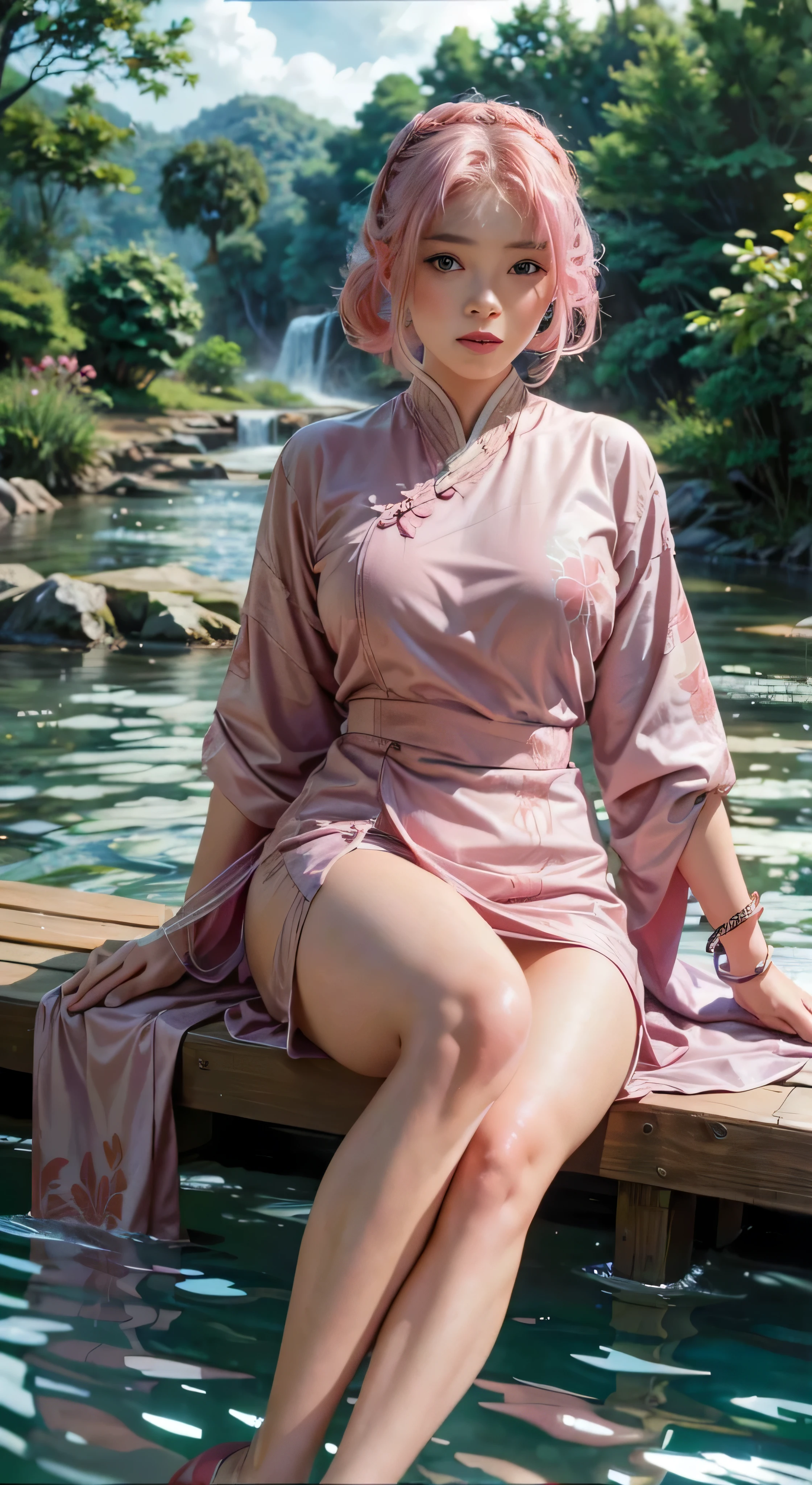 Sentado en un puente lleno de linternas de río, pies jugando en el agua, el arte representa a una mujer encantadora vestida con un sakura que fluye, Vestido oriental tradicional sedoso, rosa, Decorado con patrones intrincados y colores brillantes.. Su vestido cae elegantemente sobre su figura curvilínea., acentuando su seductora silueta. Ella se sienta con gracia junto al tranquilo lago de lotos., her pies jugando en el agua, bañado por el suave resplandor de la luz de la luna. La escena desprende una atmósfera etérea y de ensueño., Con un toque de misterio y sensualidad.. El estilo gráfico combina técnicas de acuarela e ilustración digital para evocar una belleza y un encanto refinados.. Las luces están llenas de suave luz de luna., proyectando suaves reflejos y sombras en sus encantadores rasgos. muslos desnudos, pechos grandes, Rasgos faciales tridimensionales., sesión, piernas vueltas hacia arriba, trenzas laterales , beautiful girl long rosa hair and green eyes looks like sakura haruno from naruto