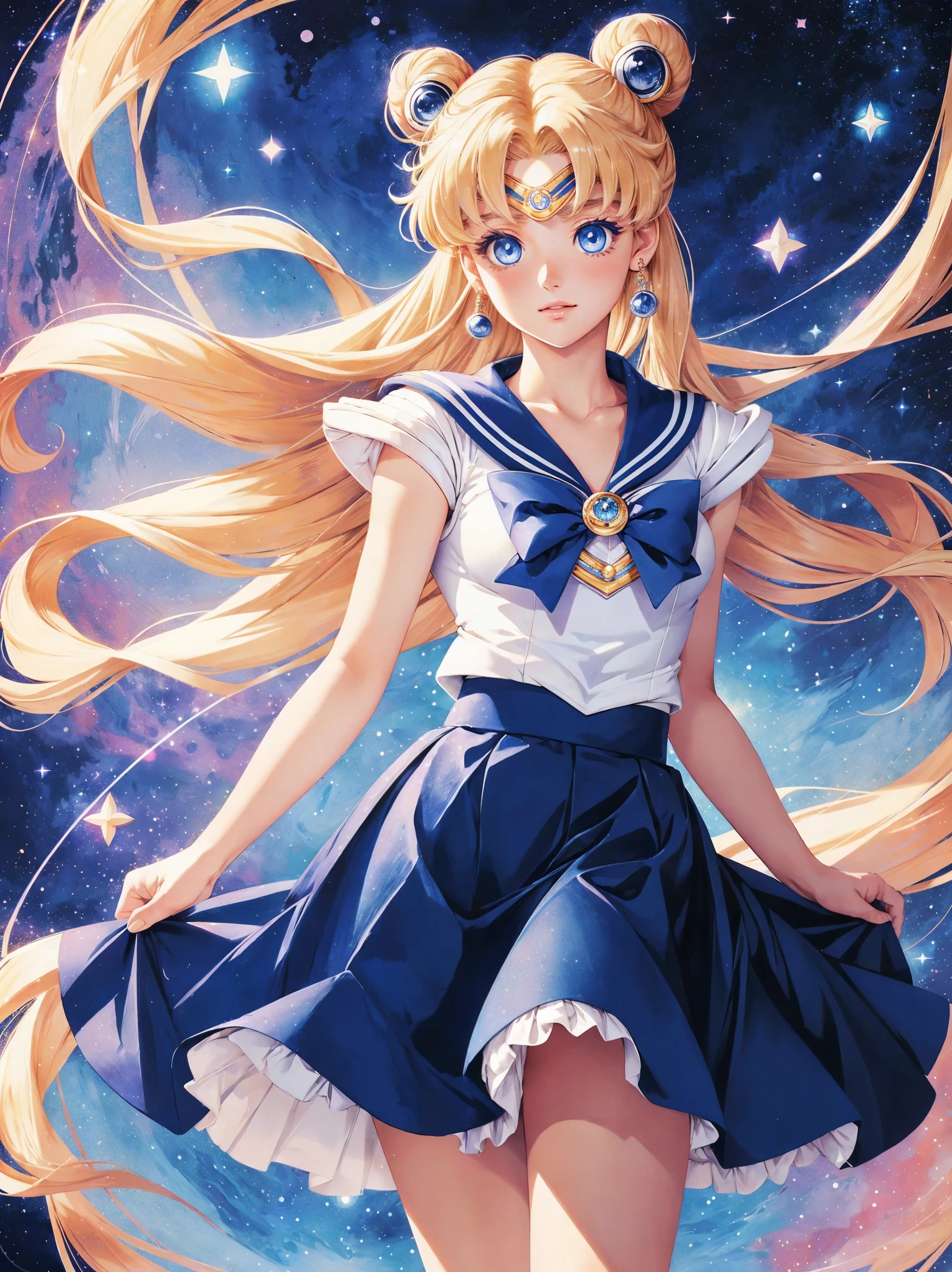 (Sailor Moon extrêmement détaillée) (((yeux bleus))) (jupe bleu) coloré, petits pains blonds aux cheveux longs, fond cosmique, Sailor Moon ultra détaillé, coloré, magique, illustration de Naoko Takeuchi
