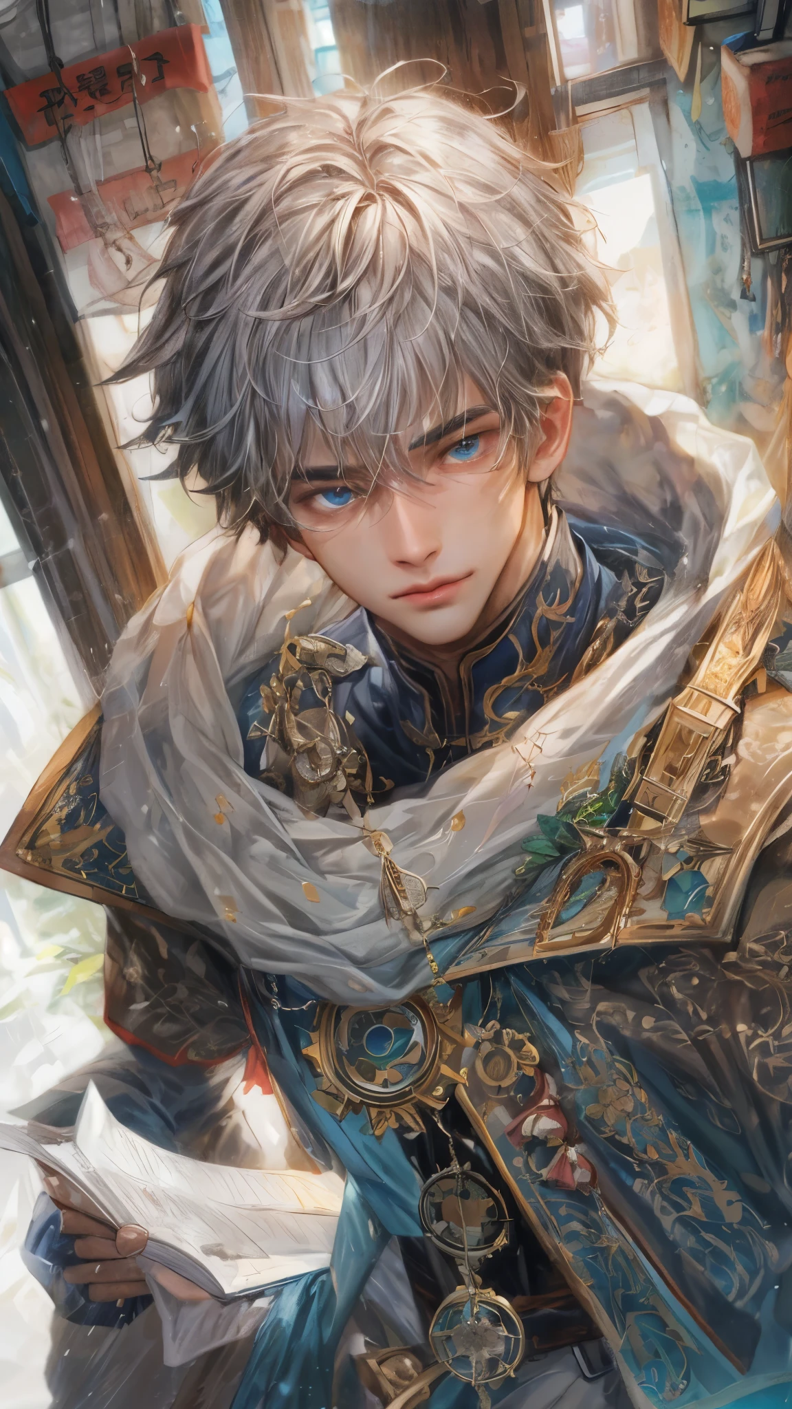 (absurdres, highres, ultra detailed, HDR), masterpiece, intricate, best quality, portrait of a handsome hero from tales of the rays, short hair, korean face, anime eyes, Alchemist outfit detailed interiors slums, detailed character