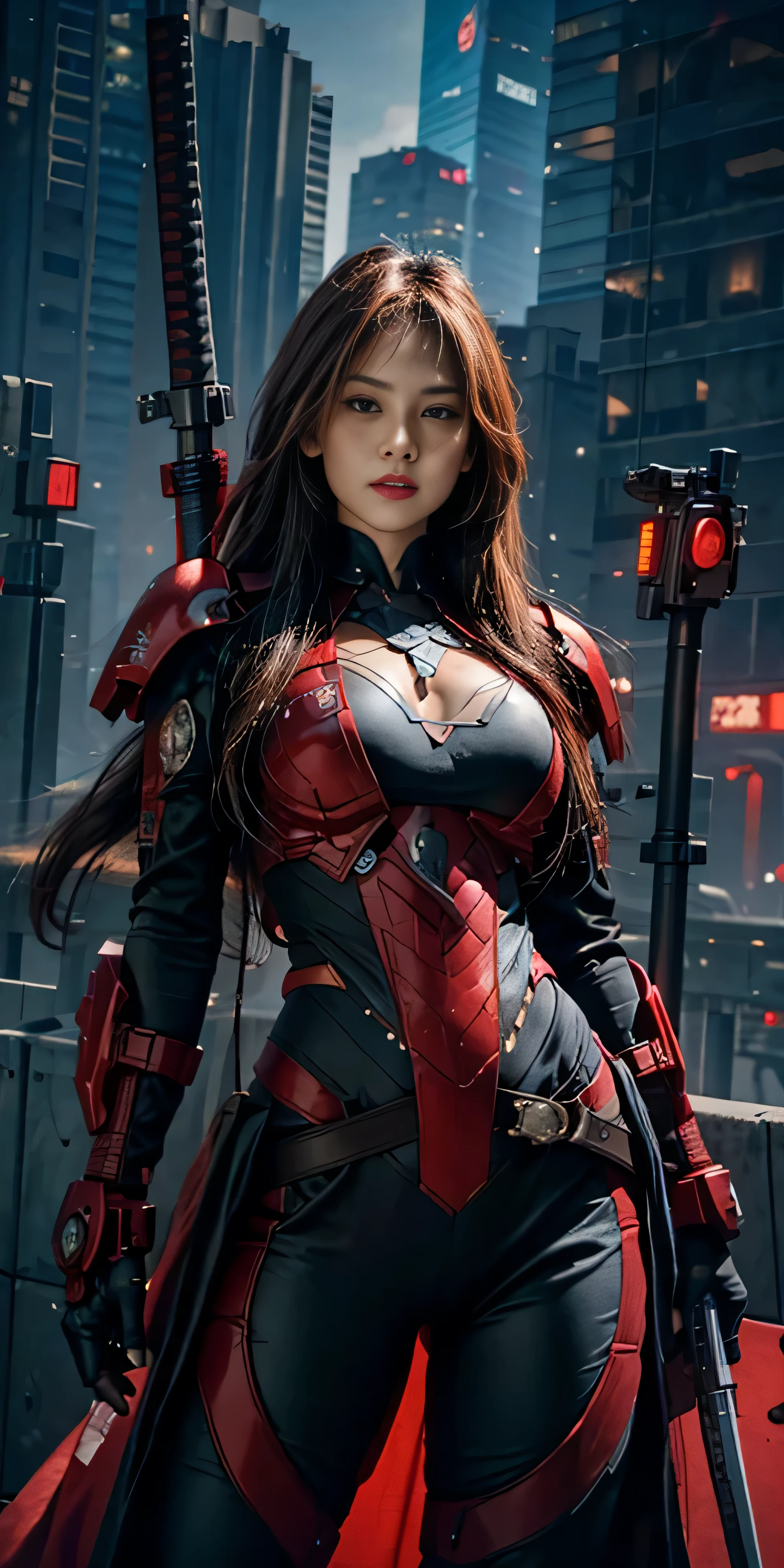 photorealistic, high resolution, soft light,1women, solo, hips up, (detailed face), red long hair, cybersamurai, cyborg, cyberpunk,  cyber armor, holding weapon,glowing,gun, city at night