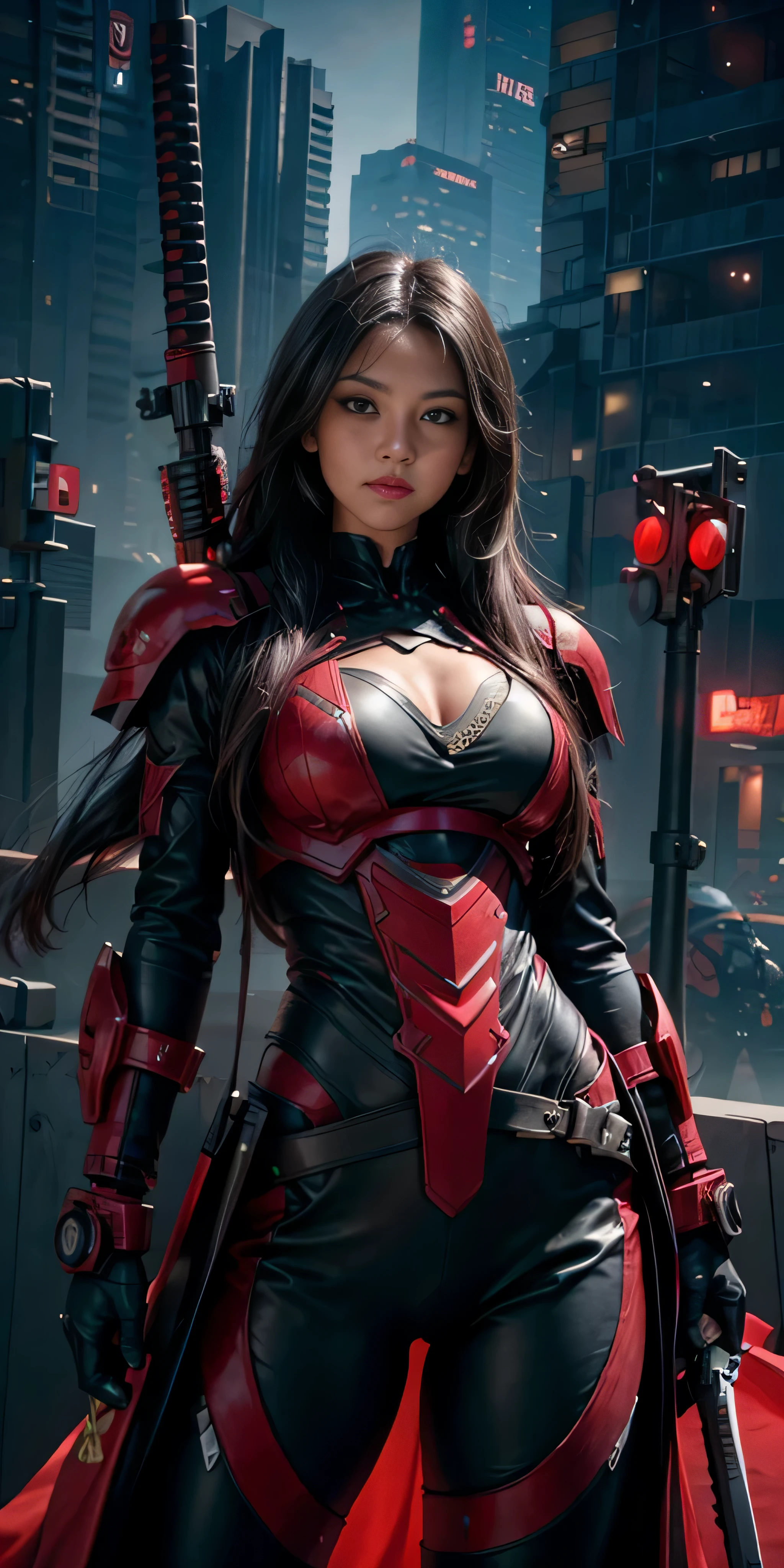 photorealistic, high resolution, soft light,1women, solo, hips up, (detailed face), red long hair, cybersamurai, cyborg, cyberpunk,  cyber armor, holding weapon,glowing,gun, city at night