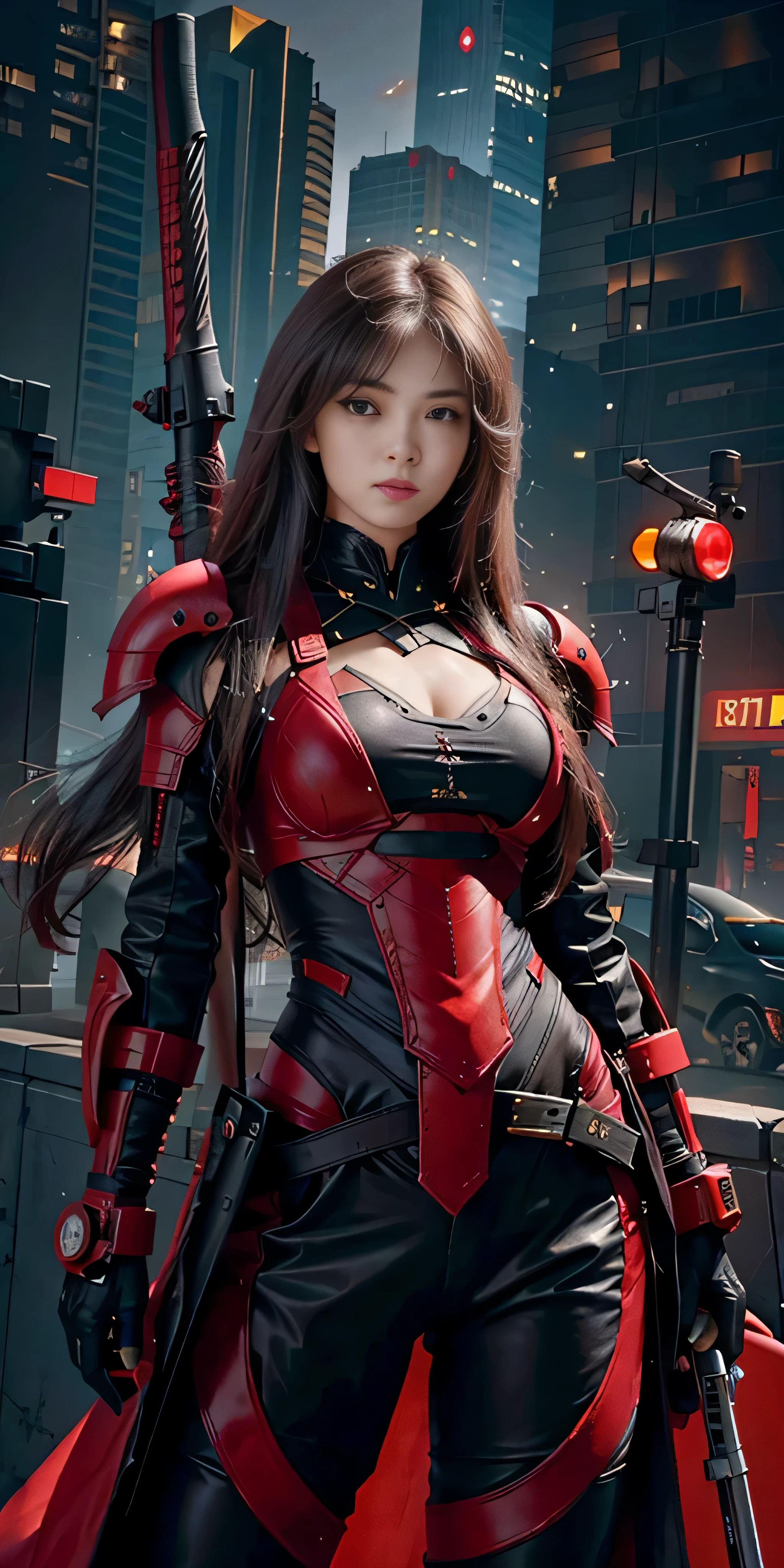 fotorealistisch, Hohe Auflösung, Sanftes Licht,1Frauen, Allein, Hüften hoch, (Detailliertes Gesicht), rote lange Haare, cybersamurai, cyborg, cyberpunk,  cyber armor, Waffe halten,glühend,gun, Stadt bei Nacht