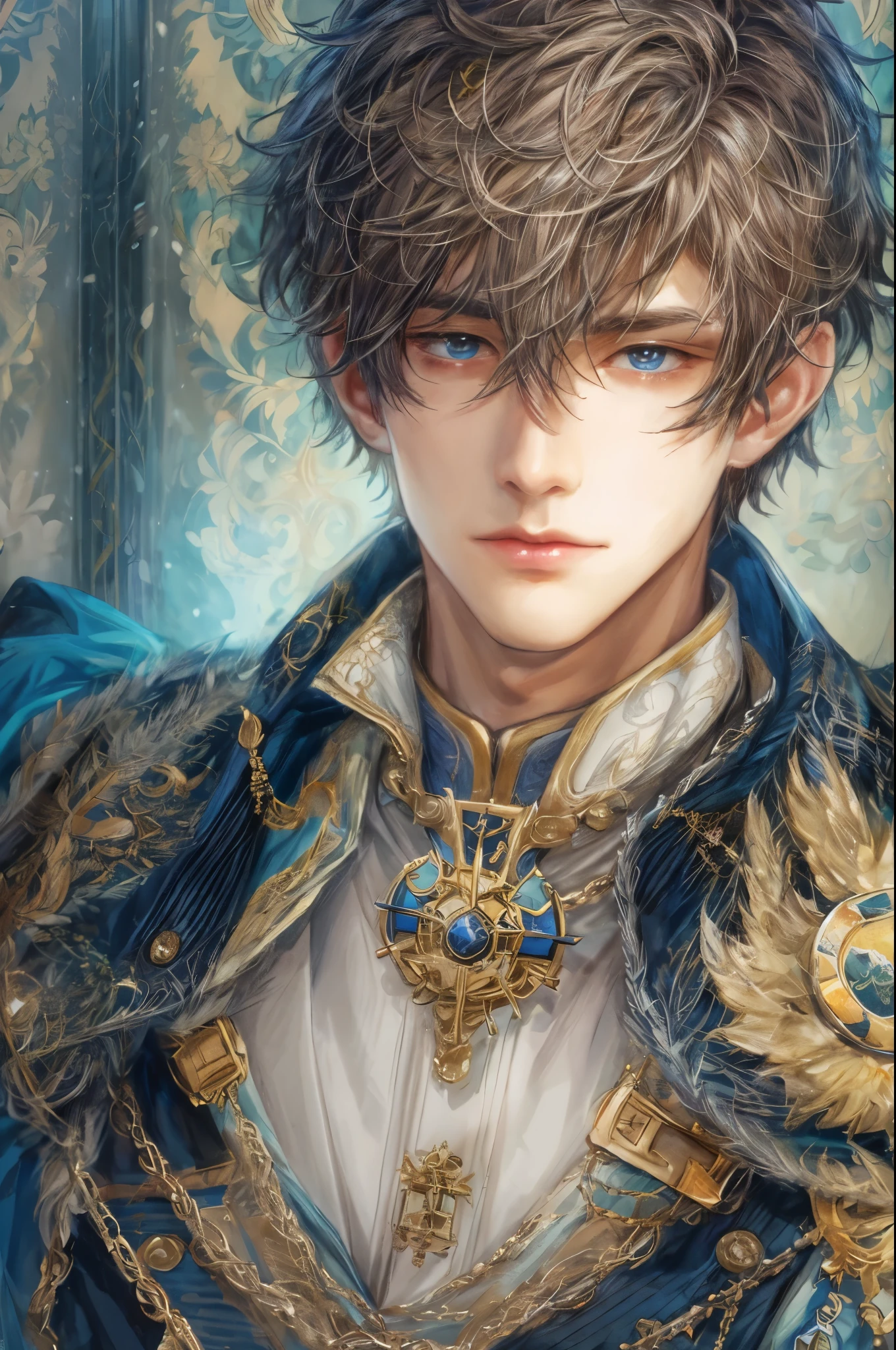 (absurdres, highres, ultra detailed, HDR), masterpiece, intricate, best quality, portrait of a handsome hero from tales of the rays, short hair, korean face, anime eyes, Acolyte outfit detailed interiors victorian style, detailed character