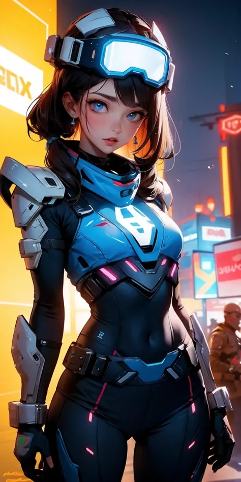 masterpiece,  best quality, , (solo), 1girl, look up, dim light, , Horizon_(apex legends), goggles, blue eyes, brown hair, gaunt...