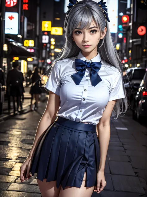(8K, Raw photo, masterpiece:1.3), (realistic, photo-realistic:1.37), (night), (looking at the viewer:1.331), (gray hair), take a...