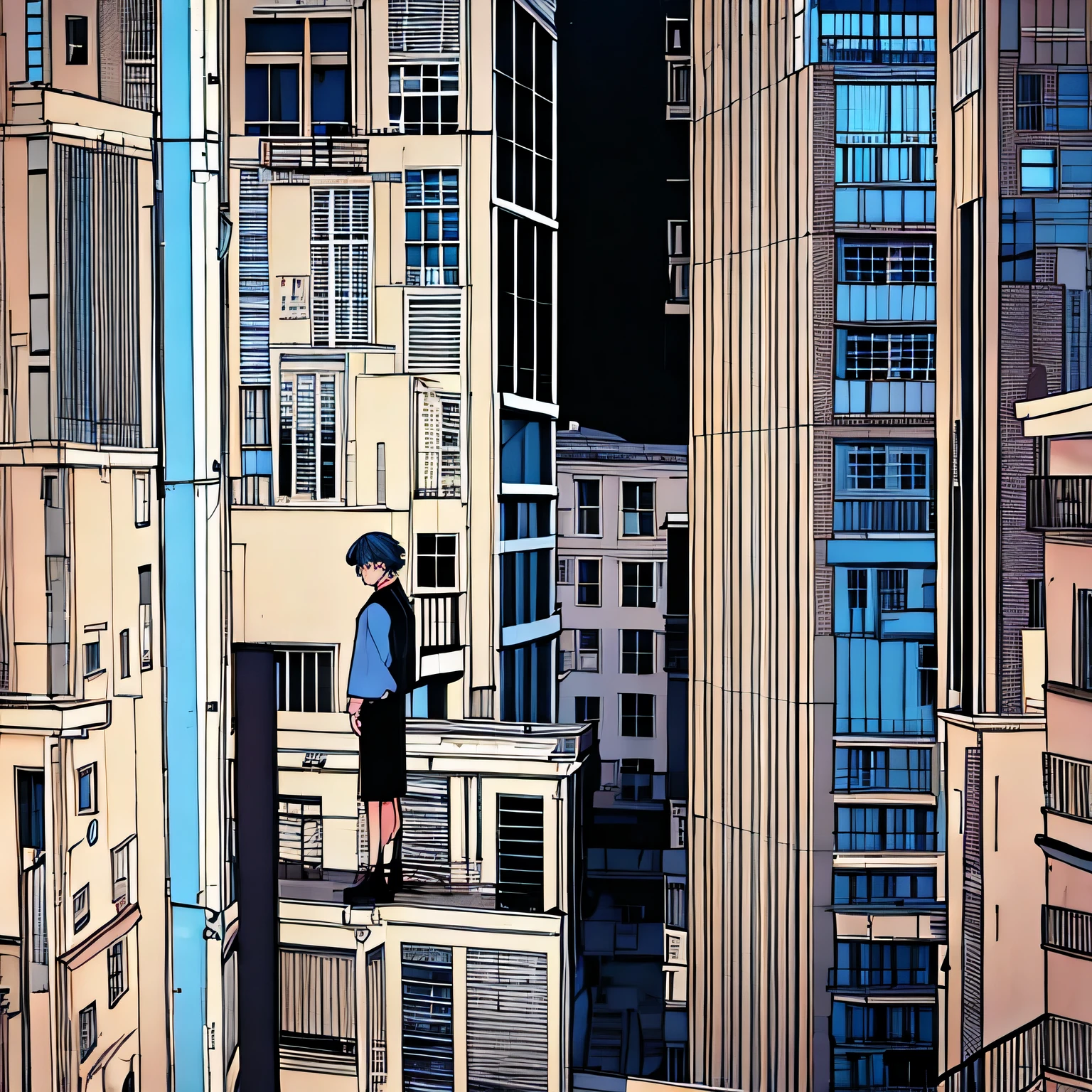 architecte, homme, au milieu des bâtiments, rétro, Ambiance anime des années 90, Lo-Fi