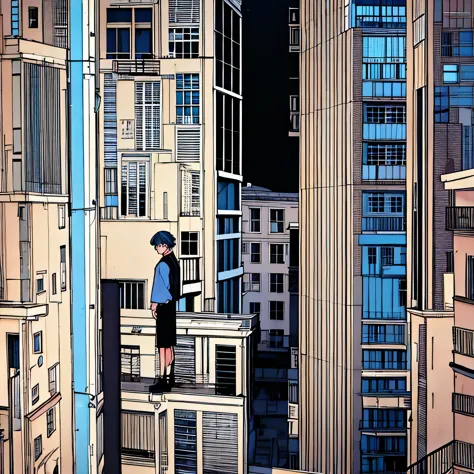 Architect, man, middle of buildings, retro, 90’s anime vibe, lo-fi