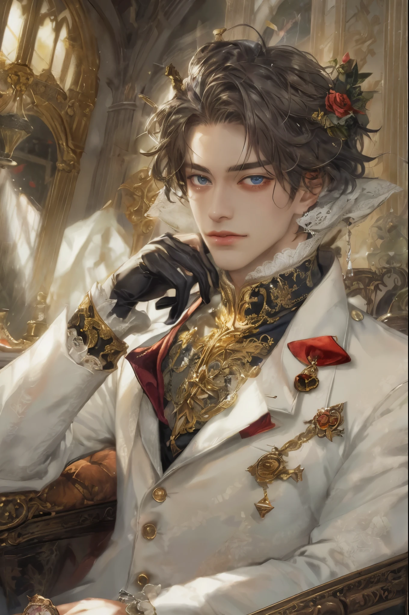 (absurdres, highres, ultra detailed, HDR), masterpiece, intricate, best quality, portrait of a handsome villain from alice in wonderland, the queen of hearts male version , short hair, korean face, anime eyes, Victorian prince outfit detailed interiors victorian style, detailed character