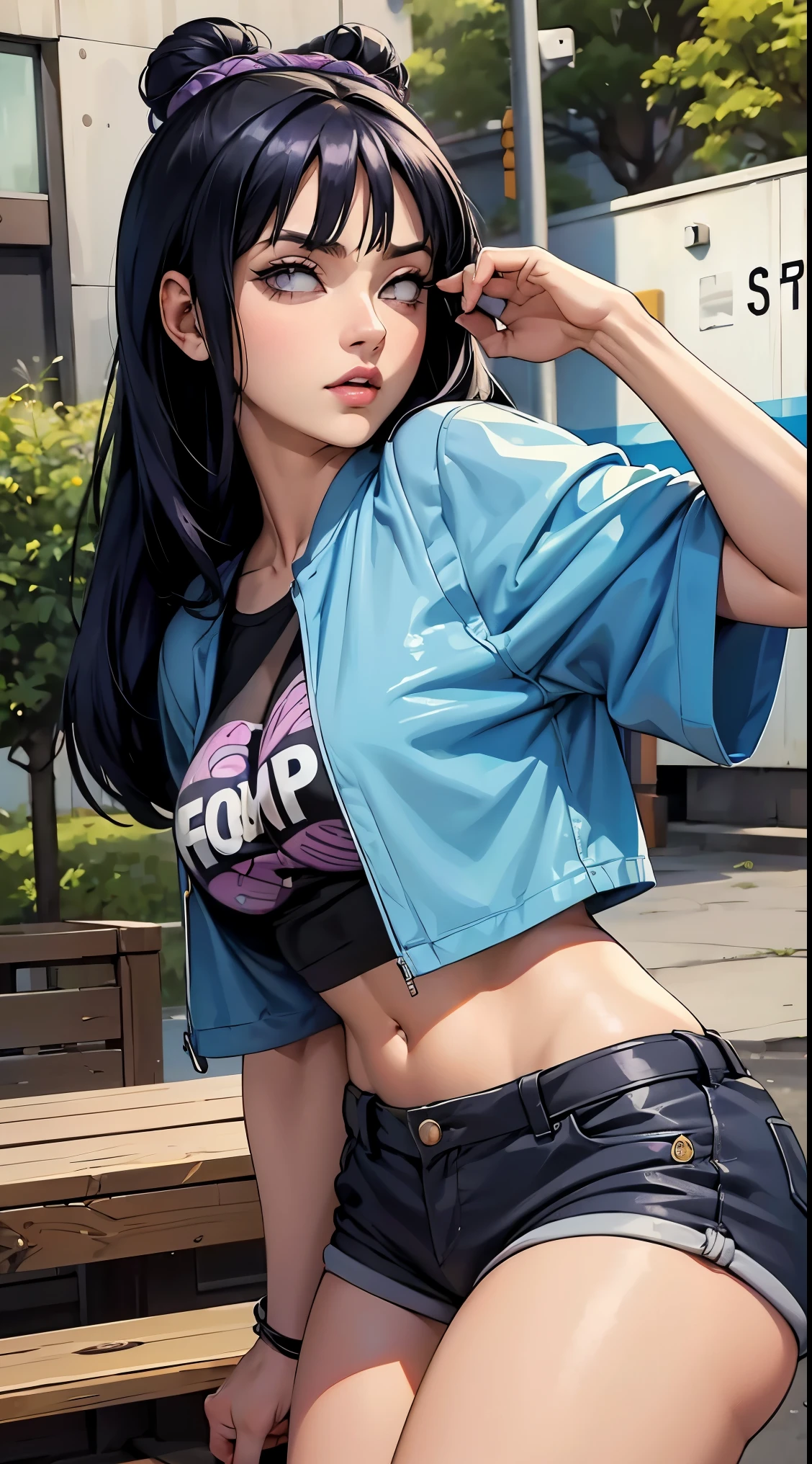 Hinata Hyuga, Anos 90, Moda Hip Hop, suburb, brooklyn 1993, Extremamente Realista, muito linda, sexy, bunda Grande, pernas grossas, usando um short curto, bunda empinada, estilo Hip Hop, anos 90, extremamente bonita