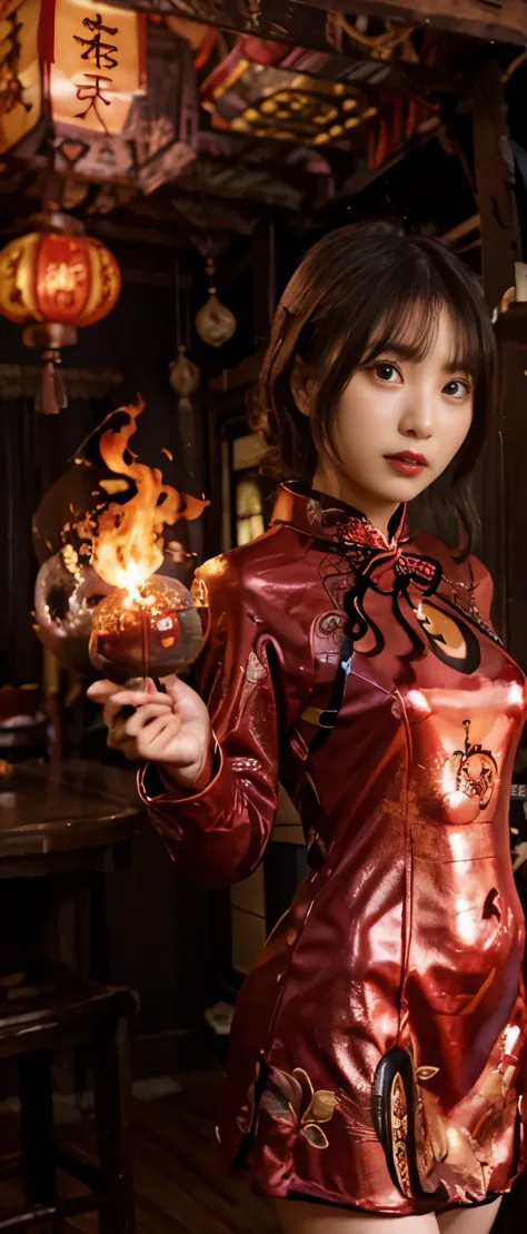 cute occultic idol、whole body、good style、、、Shiny red ghost mini cheongsam dress（Floral）、、、chinese haunted house、flame is floatin...