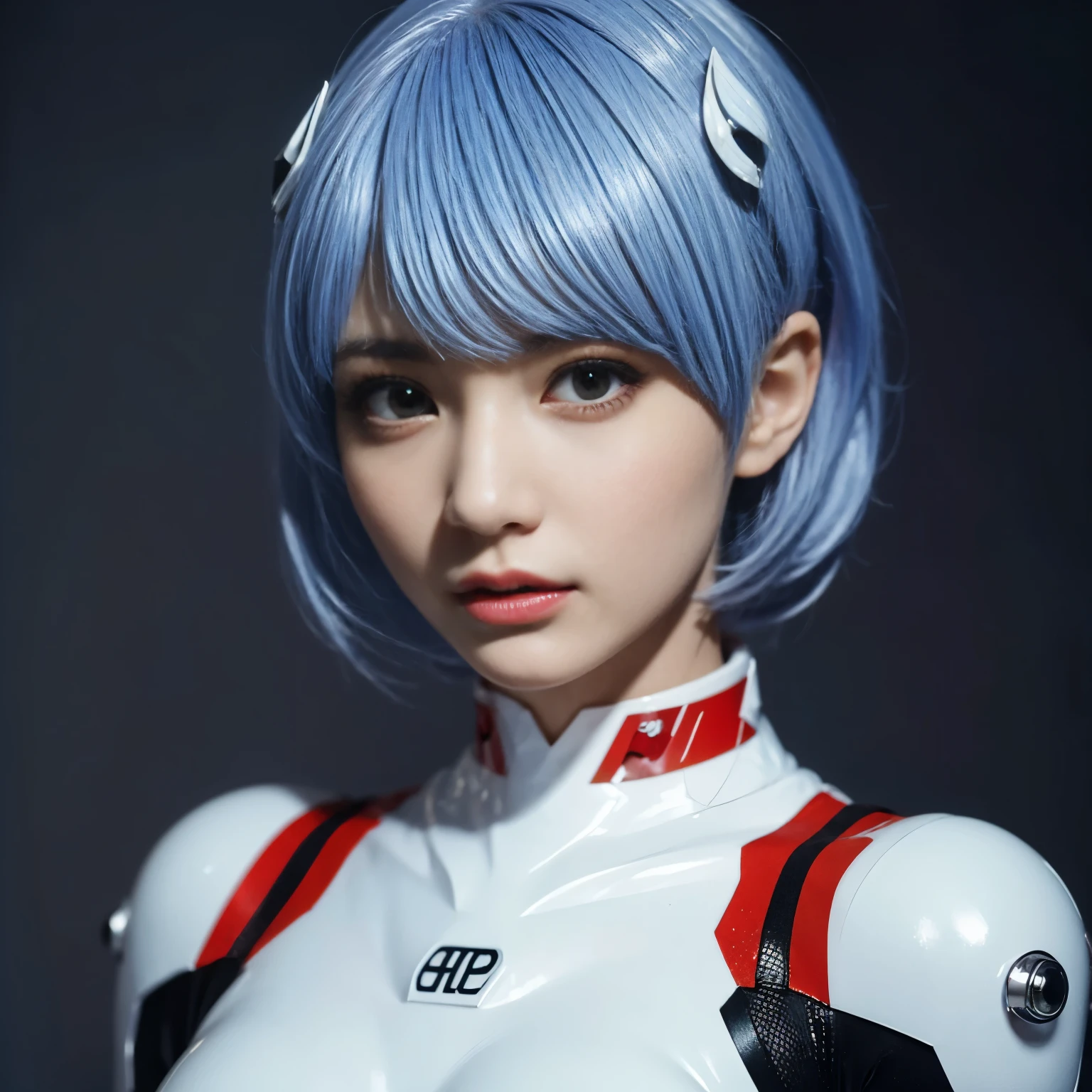 Ayanami_rei,1 Mädchen,Schöne, detaillierte Augen,schöne detaillierte Lippen,extrem detaillierte Augen und Gesicht,lange Wimpern (beste Qualität,4k,8k,highres,Meisterwerk:1.2),ultra-detailliert,(realistisch,photorealistisch,photo-realistisch:1.37),weißes Haarornament,blaue kurze Haare,Weißer Body,lebendige Farben,Porträts,Studiobeleuchtung,scharfer Fokus