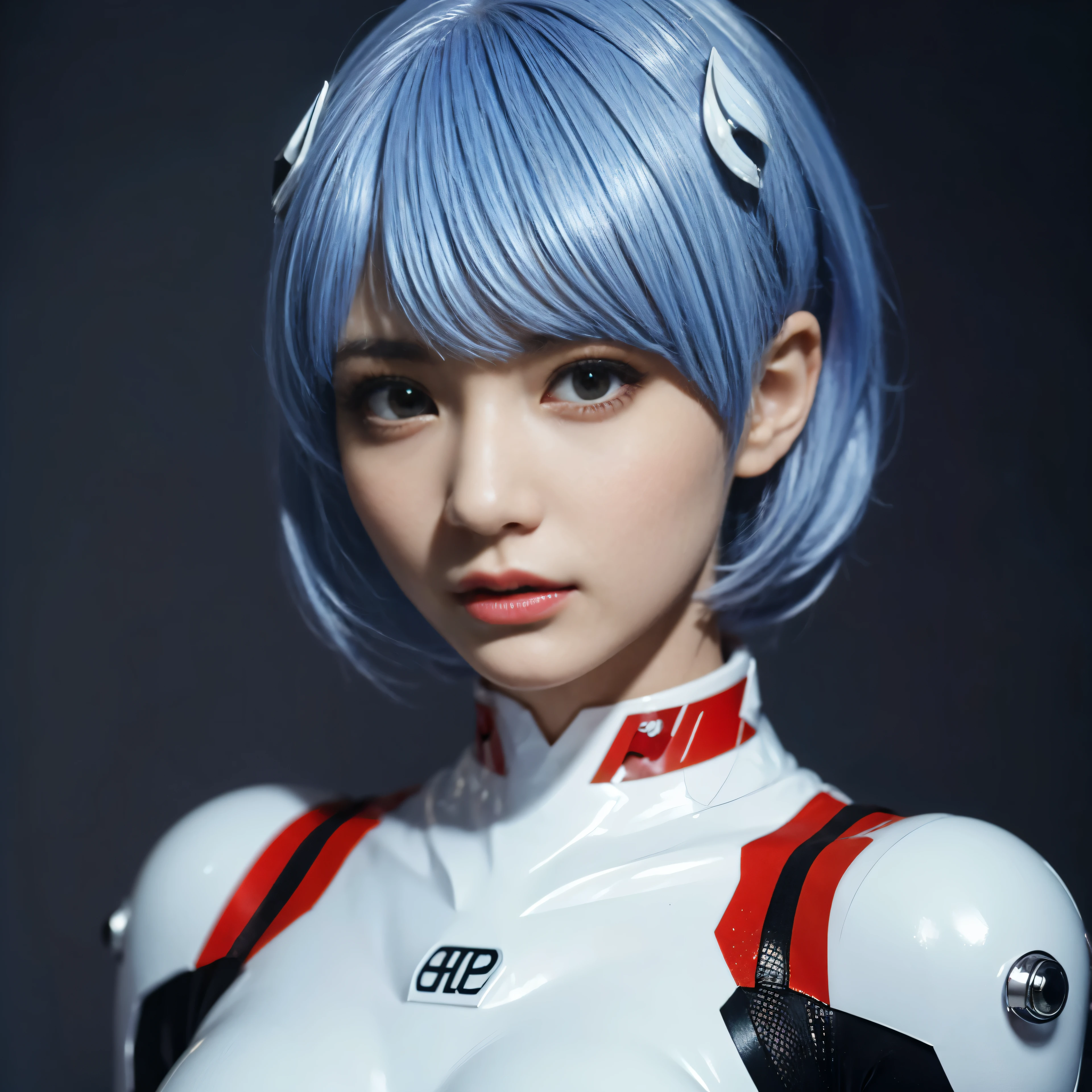 Ayanami_rei,1 Mädchen,Schöne, detaillierte Augen,schöne detaillierte Lippen,extrem detaillierte Augen und Gesicht,lange Wimpern (beste Qualität,4k,8k,highres,Meisterwerk:1.2),ultra-detailliert,(Realistisch,photoRealistisch,photo-Realistisch:1.37),weißes Haarornament,blaue kurze Haare,weißer Body,lebendige Farben,Porträts,Studiobeleuchtung,scharfer Fokus