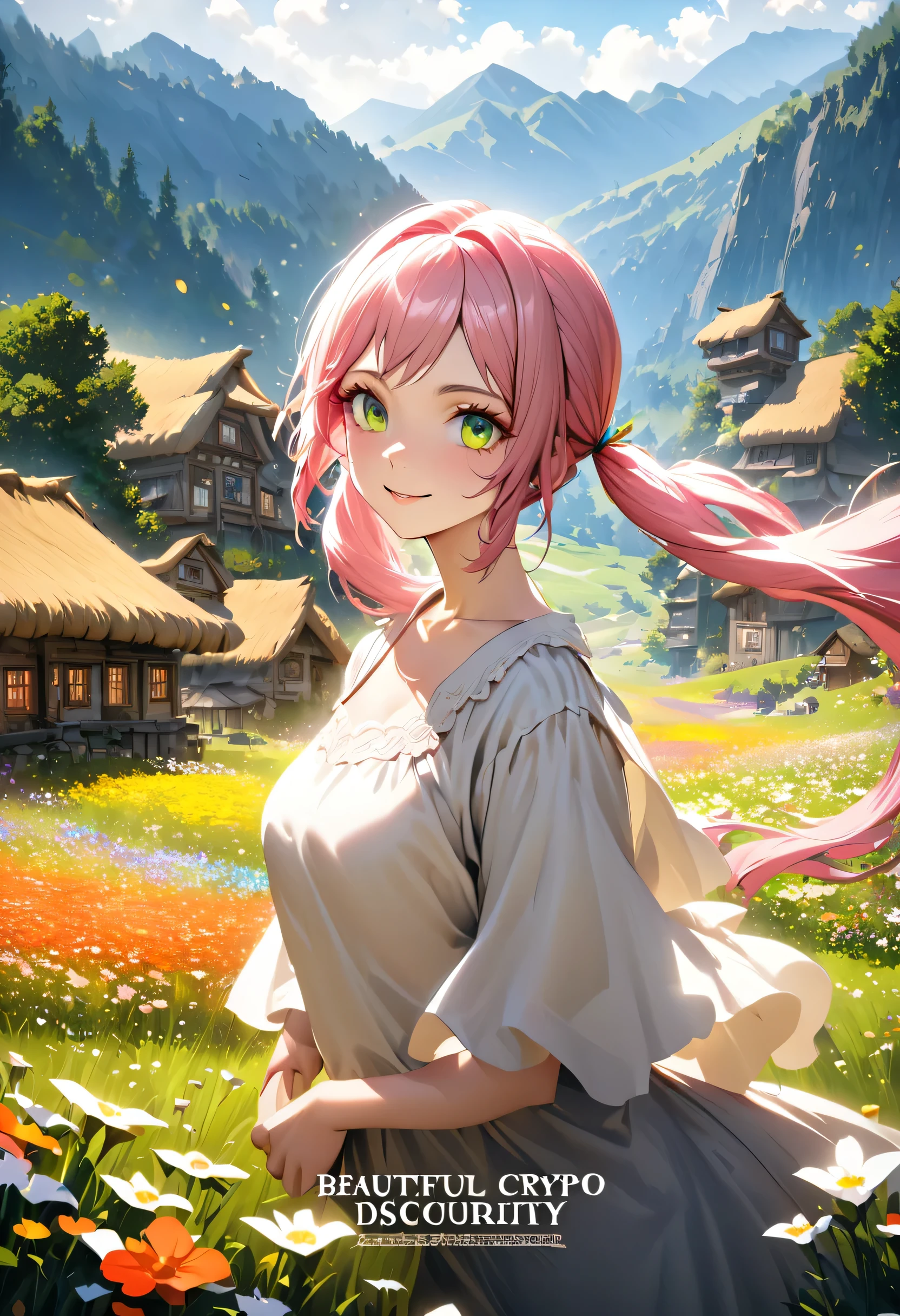 (Realistic anime art style), (Alora: beautiful anime-styled girl with porcelain skin tone, striking green eyes, warm smile, long pink twintail hair, slender but curvy figure), fantasy village backdrop with thatched houses, flower meadow, look of curiosity and excitement, text "discovering crypto and web3", (4k resolution, octanerender)