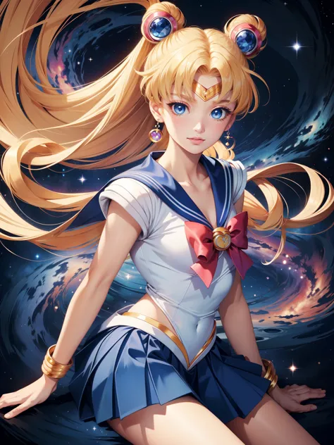 (extremely detailed sailor moon) (((blue eyes))) (blue skirt) colorful, blonde buns with long hair, cosmic background, ultra det...