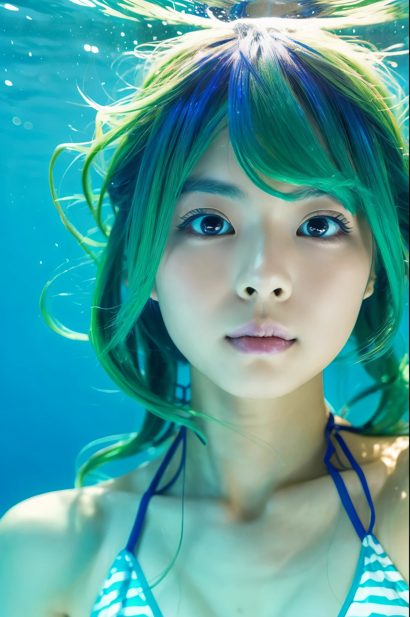 beautiful japanese lady wearing blue bikini, cute face, detailed face, green hair, swiming deep underwater