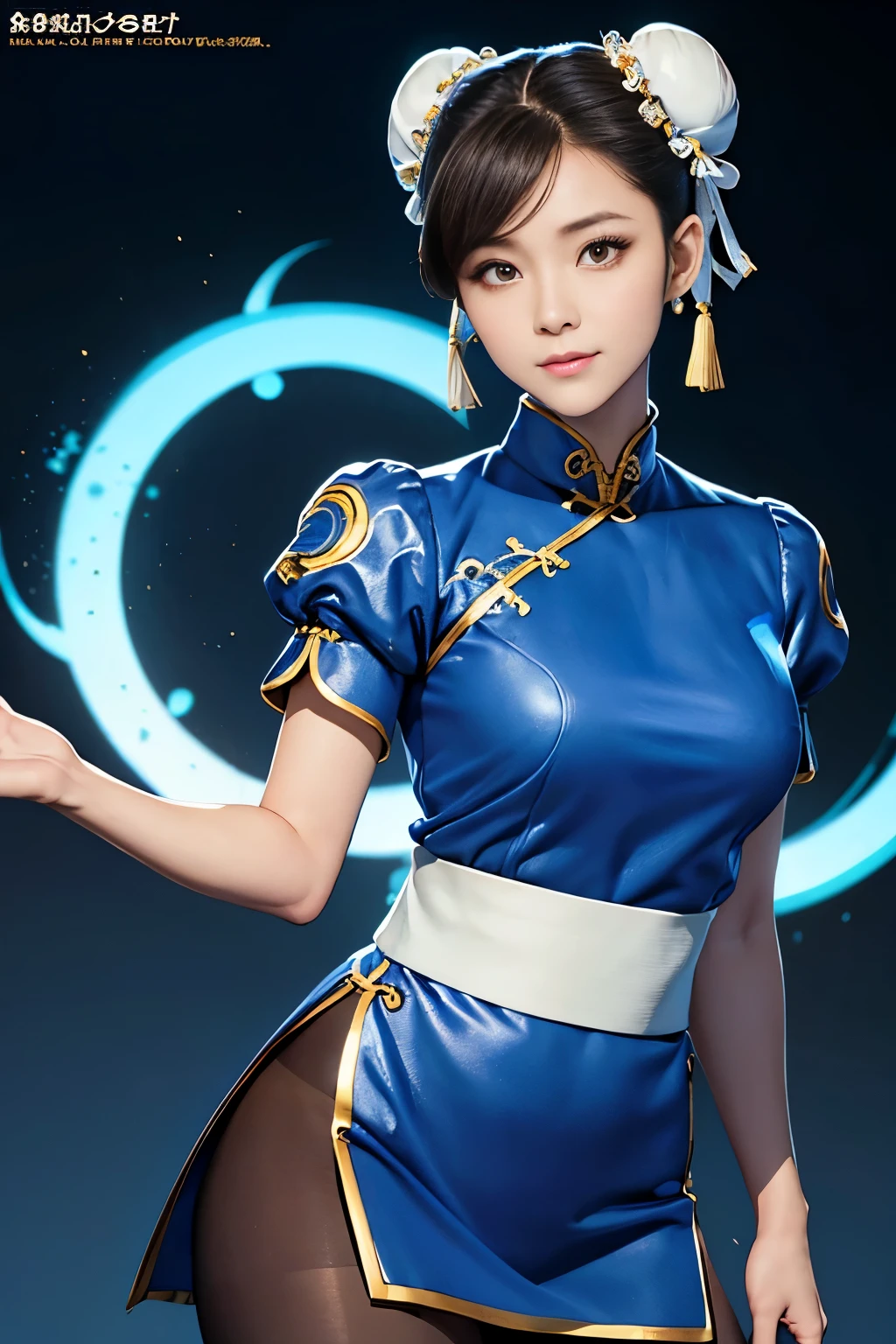 Chun-Li from Street Fight II,perfect chun li costume,blue cheongsam with gold lines,Bun head,Good cover,fighting pose,masterpiece、1 beautiful girl、fine eyes、puffy eyes、highest quality, 超High resolution, (reality: 1.4), movie lighting、Japanese、asian beauty、Korean、super beautiful、beautiful skin、body turns forward、close up of face、(超reality的な)、(High resolution)、(8K)、(very detailed)、(美しくfine eyes)、(Super detailed)、 (wall-)、detailed face、bright lighting、professional lighting、looking at the viewer、look straight ahead、slanted bangs、Nogizaka Idol、korean idol、masterpiece, highest quality, masterpiece, highest quality, perfect face, perfect brown eyes with white sclera, bad move-5, alone, 1 girl, Upper body, brown hair, From SF2, Chinese service, smile, muscular woman, blue clothes, pantyhose, pelvic curtain, Plump short sleeves, Good cover, sash, evaluation:safety