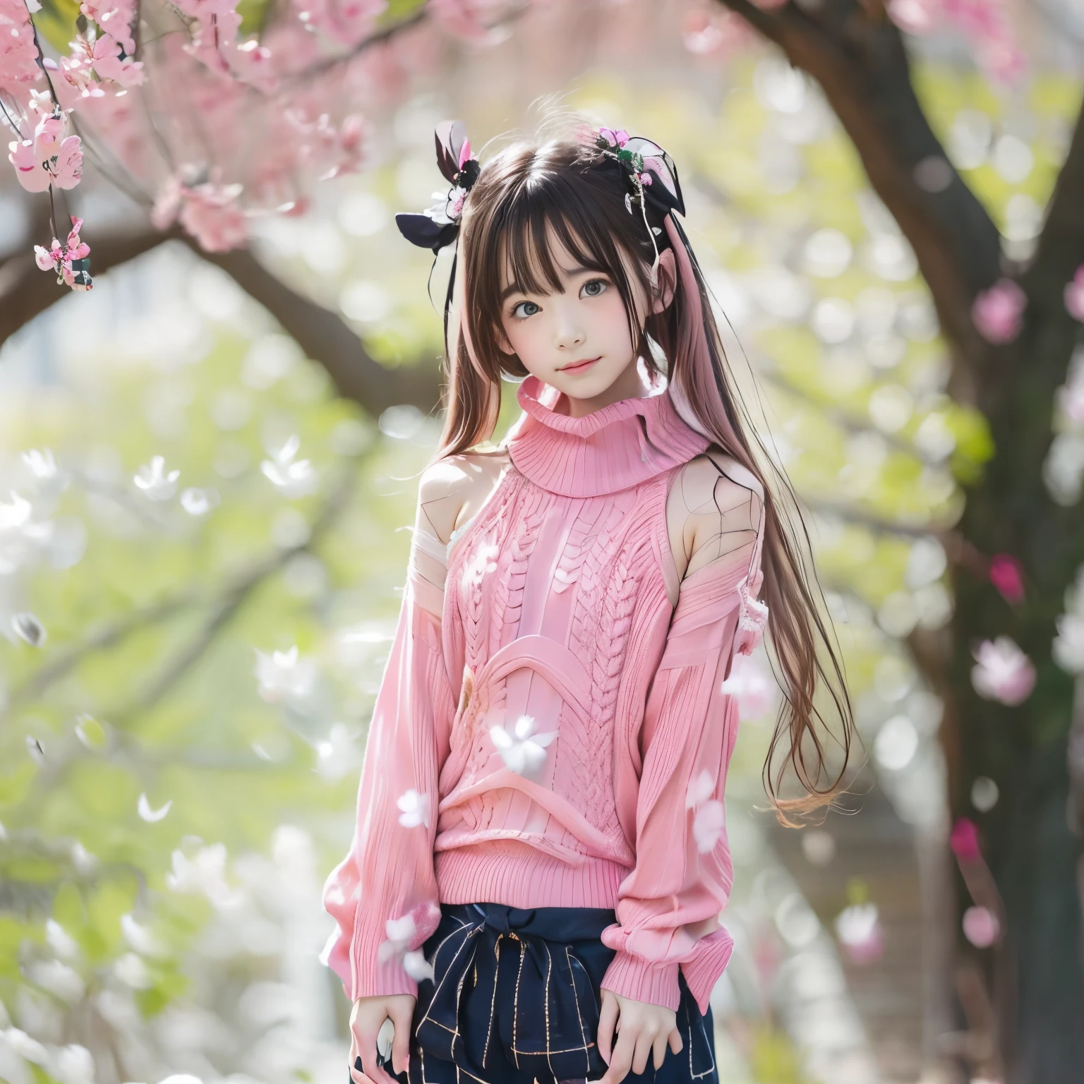 under a cherry blossom tree, a Japanese girl, 15 years old, a little bit shy, cute, (pale pink virgin killer sweater:1.7), sparkling pupils, black twin tails, bokeh effect, f/1.8, anatomically correct, textured skin, ultra-detailed, high-quality, ultra-realistic, high-resolution