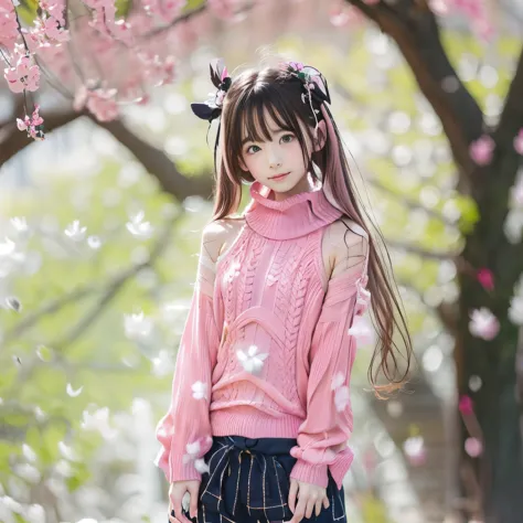 under a cherry blossom tree, a Japanese girl, 15 years old, a little bit shy, cute, (pale pink virgin killer sweater:1.7), spark...