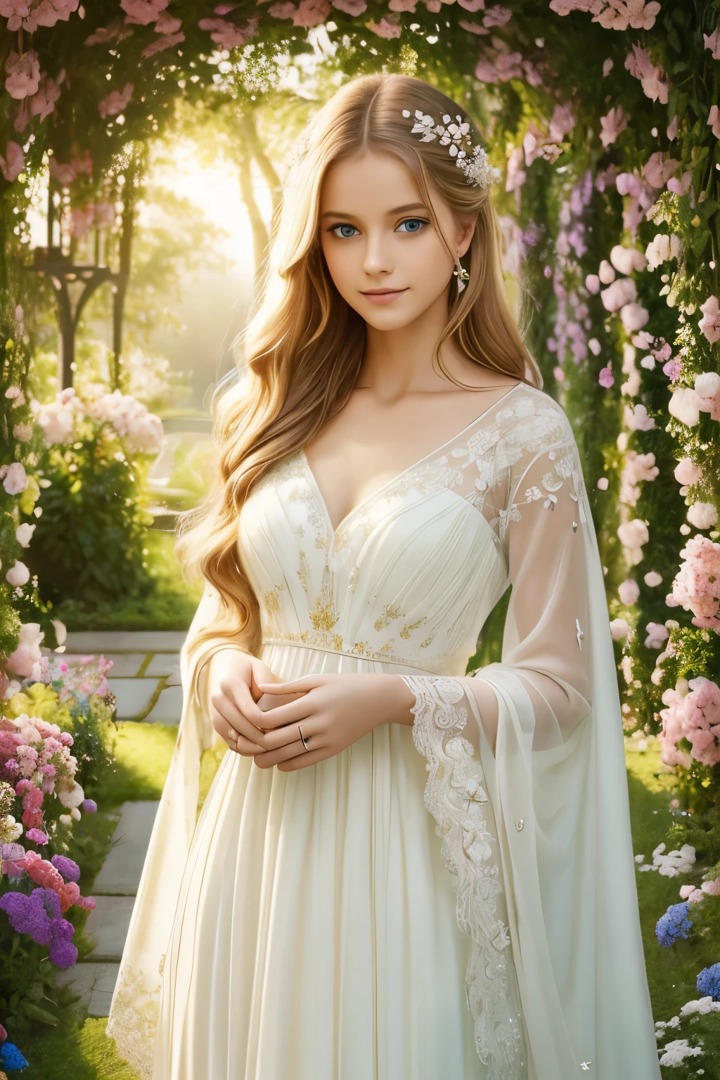 流れるような金色の髪と魅惑的な青い瞳を持つ少女, エレガントな白いドレスを着て, 咲き誇る花と豊かな緑で満たされた活気に満ちた庭園の真ん中に立つ. 太陽の光が彼女の繊細な顔を優しく照らしている, 彼女の完璧な肌に柔らかな輝きを放つ. 彼女は繊細な蝶を手に持っています, 穏やかな風が彼女の周りを渦巻く中, 花が調和して踊るようにする. その光景は息を呑むような油絵に描かれている, 細部まで丁寧に作られており傑作です. 色彩は鮮やかで鮮やかです, パステル調の淡い色合い, 芸術作品に夢のような質感を与える. 照明は柔らかく拡散している, 穏やかで静かな雰囲気を作り出す. 高解像度の画像は、アーティストの完璧な技術を披露している, あらゆる複雑な詳細を正確に捉える. 全体的な雰囲気は美しさを感じさせます, グレース, そして魔法. アートワークは古典的な肖像画を彷彿とさせます, ファンタジーと奇抜さを少し加えて, 驚きと畏敬の念を呼び起こす.