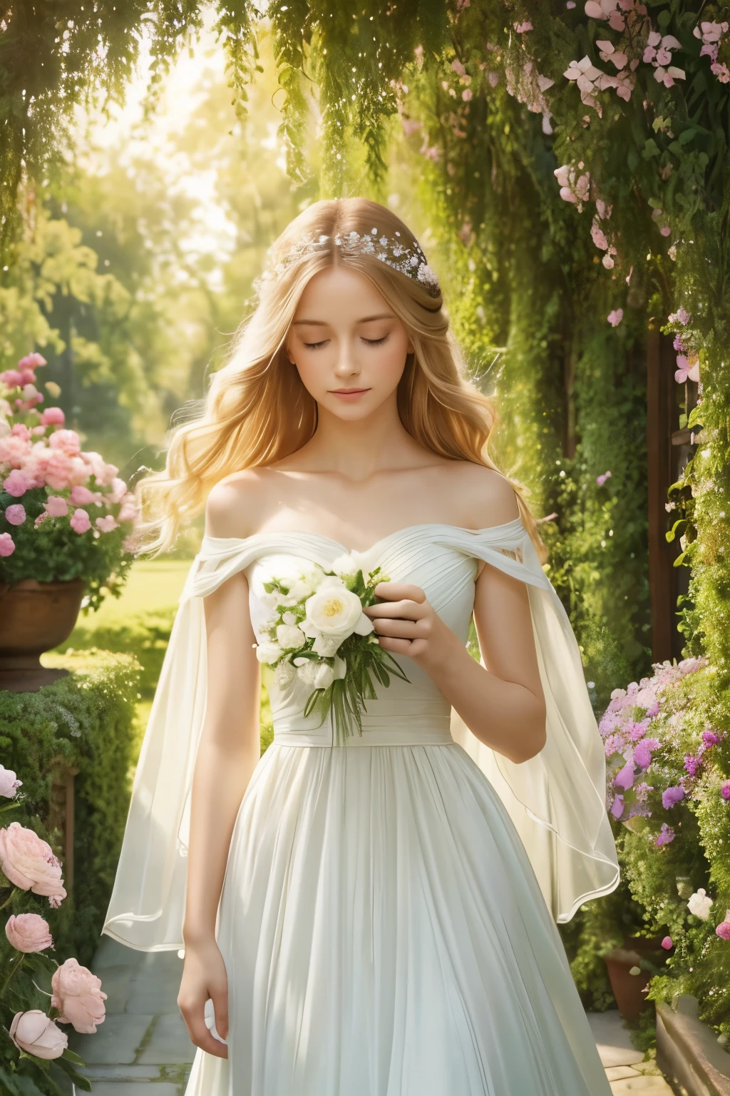 A girl with flowing golden hair and mesmerizing blue eyes, wearing an elegant white dress, standing in the midst of a vibrant garden filled with blooming flowers and lush greenery. The sunlight gently illuminates her delicate features, casting a soft glow on her flawless skin. She holds a delicate butterfly in her hand, while a gentle breeze swirls around her, causing the flowers to dance in harmony. The scene is captured in a breathtaking oil painting, with every detail meticulously crafted to create a masterpiece. The colors are vibrant and vivid, with a hint of ethereal pastel tones, giving the artwork a dreamlike quality. The lighting is soft and diffused, creating a serene and tranquil ambiance. The high-resolution image showcases the artist's impeccable skill, capturing every intricate detail with precision. The overall atmosphere exudes a sense of beauty, grace, and enchantment. The artwork is reminiscent of classical portraits, with a touch of fantasy and whimsy, evoking emotions of wonder and awe.