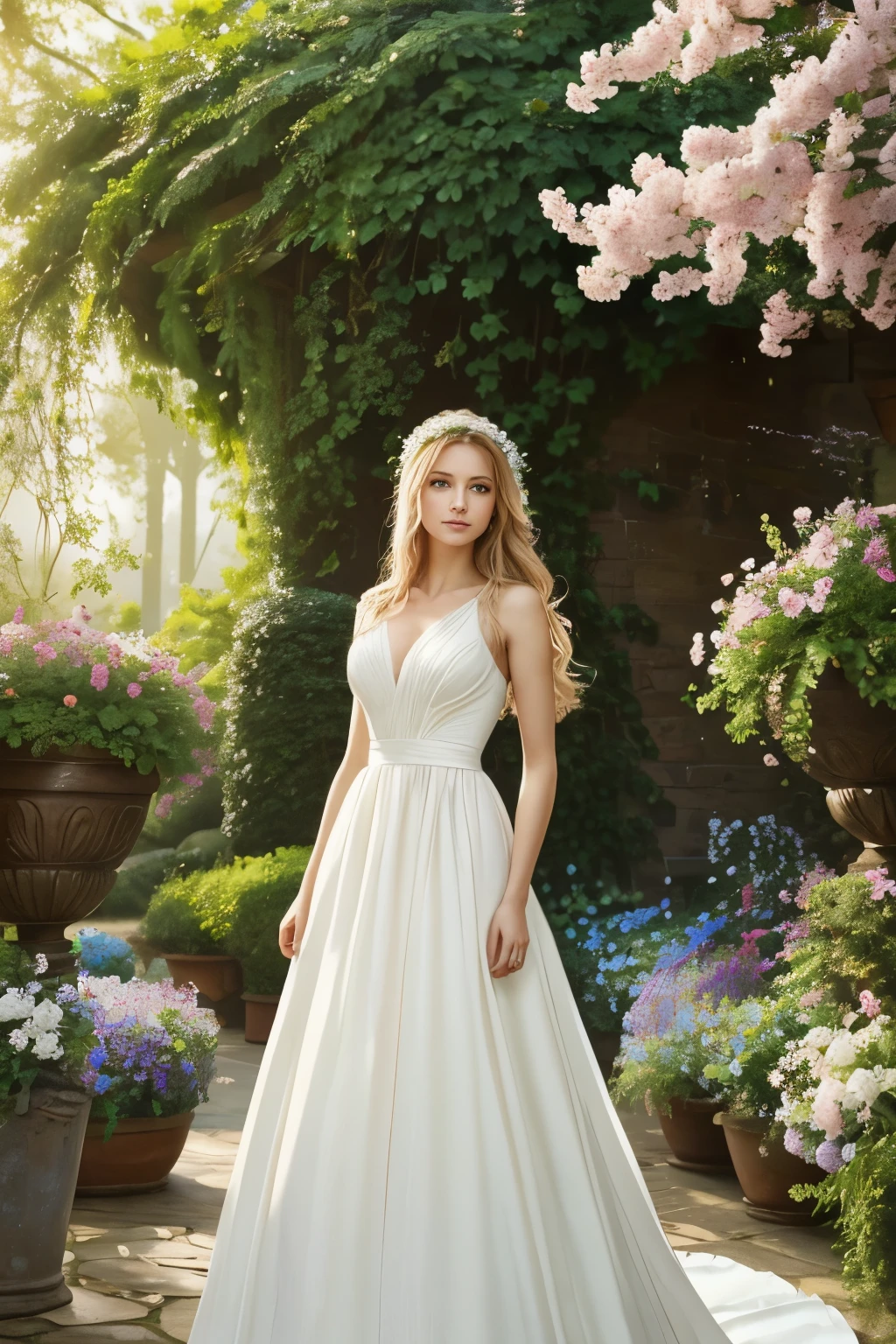 A girl with flowing golden hair and mesmerizing blue eyes, wearing an elegant white dress, standing in the midst of a vibrant garden filled with blooming flowers and lush greenery. The sunlight gently illuminates her delicate features, casting a soft glow on her flawless skin. She holds a delicate butterfly in her hand, while a gentle breeze swirls around her, causing the flowers to dance in harmony. The scene is captured in a breathtaking oil painting, with every detail meticulously crafted to create a masterpiece. The colors are vibrant and vivid, with a hint of ethereal pastel tones, giving the artwork a dreamlike quality. The lighting is soft and diffused, creating a serene and tranquil ambiance. The high-resolution image showcases the artist's impeccable skill, capturing every intricate detail with precision. The overall atmosphere exudes a sense of beauty, grace, and enchantment. The artwork is reminiscent of classical portraits, with a touch of fantasy and whimsy, evoking emotions of wonder and awe.