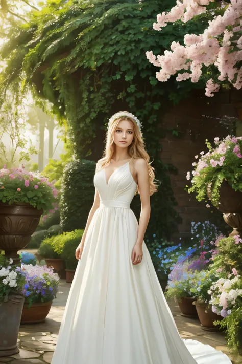 A girl with flowing golden hair and mesmerizing blue eyes, wearing an elegant white dress, standing in the midst of a vibrant ga...