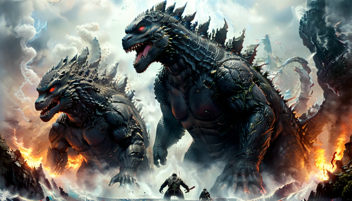 Giant Godzilla, ultra wide angle, watching tiny humans, epic, movie scene, file still, fantasy concept art, (masterpiece, best quality, perfect composition, very aesthetic, absurdres, ultra-detailed, intricate details, Professional, official art, Representative work:1.3)