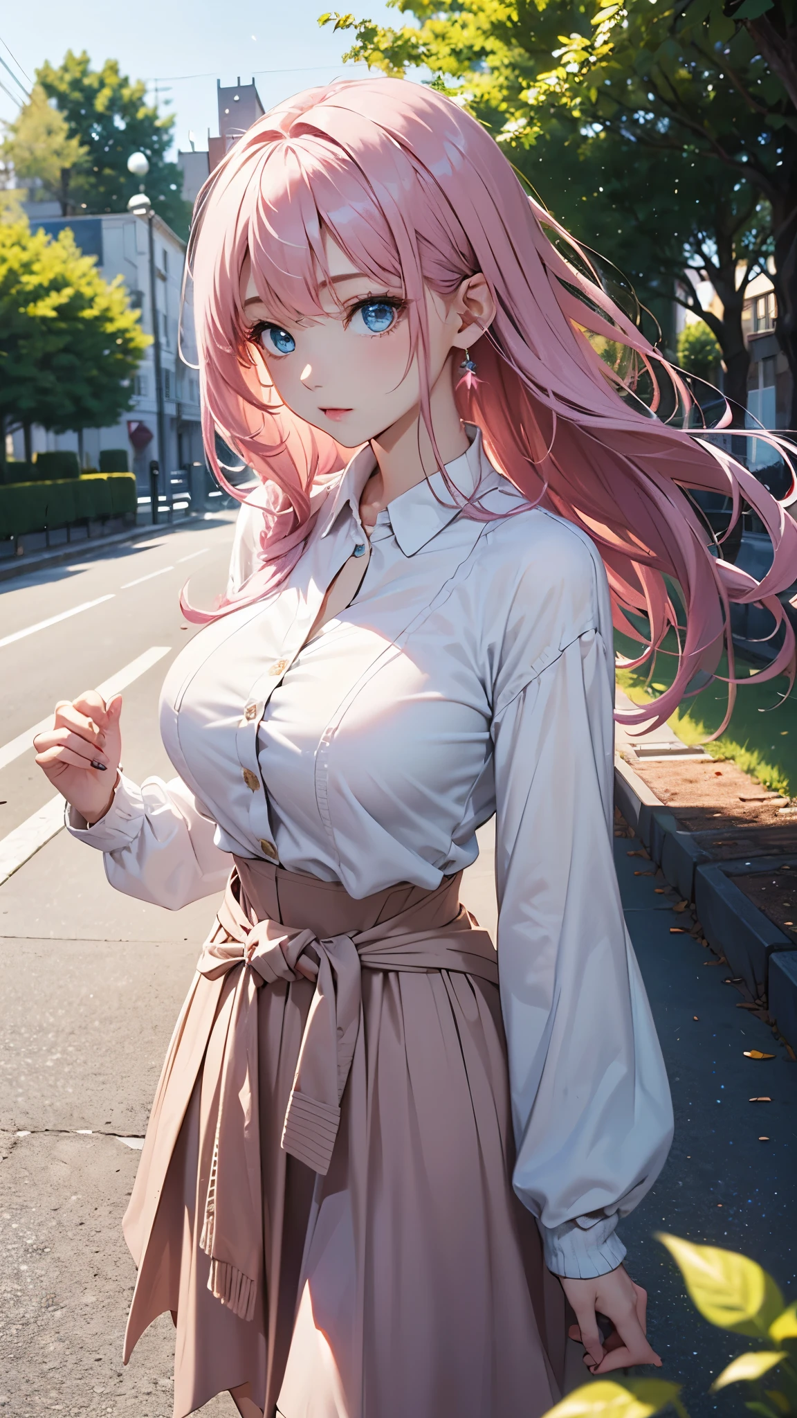 1 female、26 years old、pink hair、long hair fluttering in the wind、(very cute woman)、(Refreshing look)、Natural tree-lined avenues、white blouse、light yellow cardigan、pale pink long skirt、blue eyes、sparkling eyes、big bust、((from waist to head))、(transparent)、(pure)、aerial perspective、