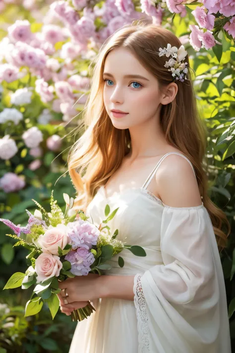 A girl with flowing golden hair and mesmerizing blue eyes, wearing an elegant white dress, standing in the midst of a vibrant ga...