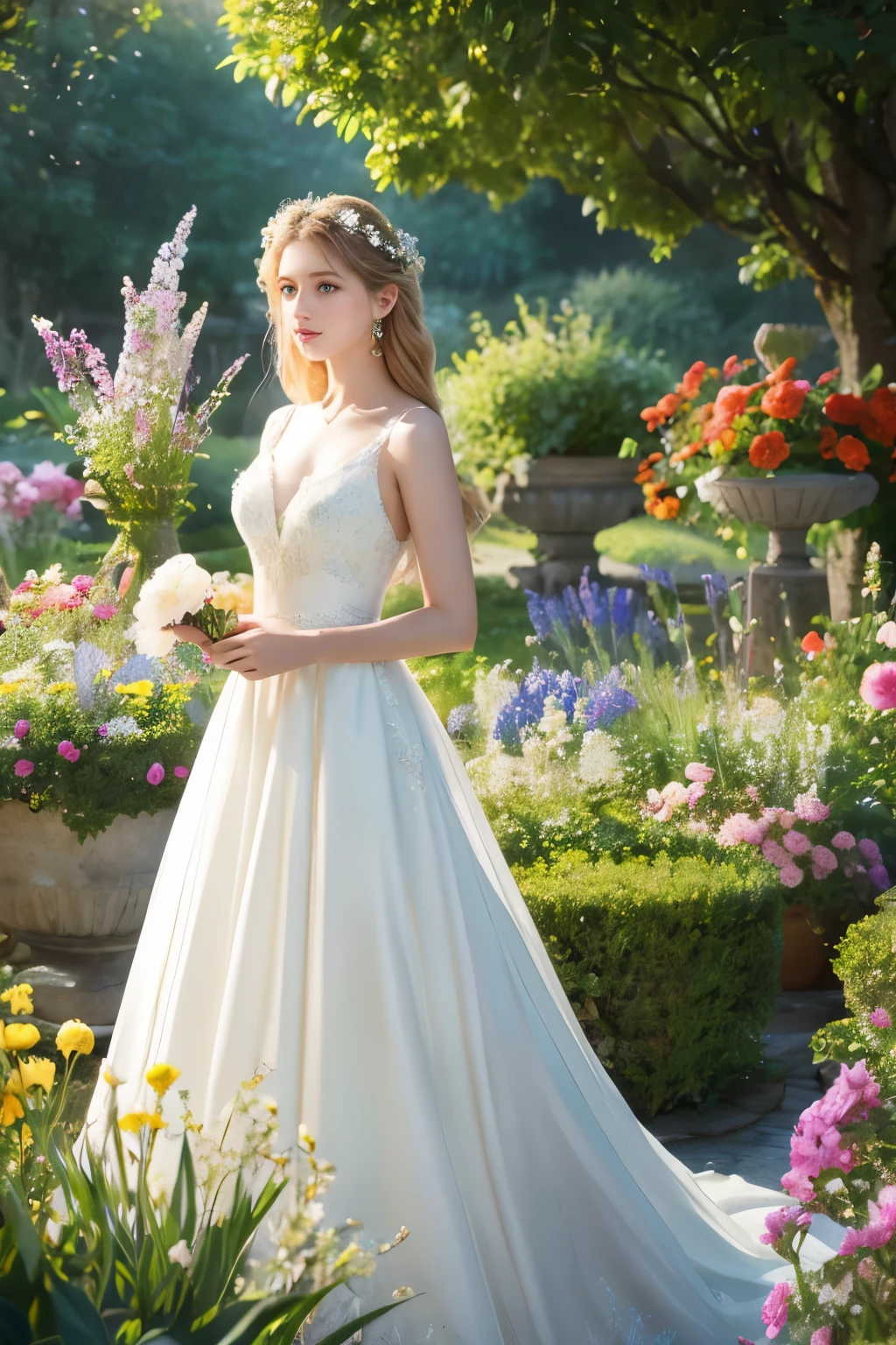 A girl with flowing golden hair and mesmerizing blue eyes, wearing an elegant white dress, standing in the midst of a vibrant garden filled with blooming flowers and lush greenery. The sunlight gently illuminates her delicate features, casting a soft glow on her flawless skin. She holds a delicate butterfly in her hand, while a gentle breeze swirls around her, causing the flowers to dance in harmony. The scene is captured in a breathtaking oil painting, with every detail meticulously crafted to create a masterpiece. The colors are vibrant and vivid, with a hint of ethereal pastel tones, giving the artwork a dreamlike quality. The lighting is soft and diffused, creating a serene and tranquil ambiance. The high-resolution image showcases the artist's impeccable skill, capturing every intricate detail with precision. The overall atmosphere exudes a sense of beauty, grace, and enchantment. The artwork is reminiscent of classical portraits, with a touch of fantasy and whimsy, evoking emotions of wonder and awe.