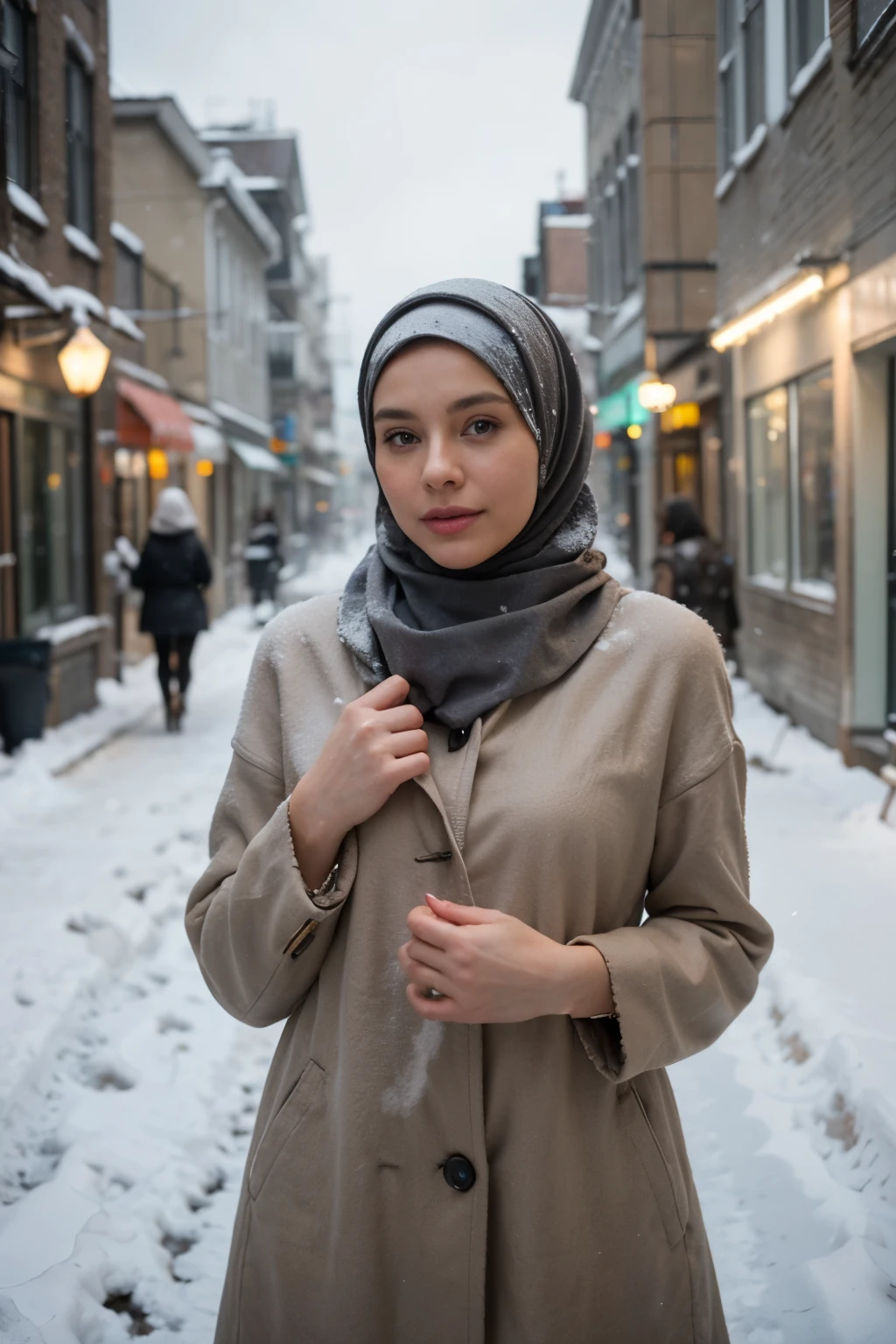 proFessional portrait photograph oF a gorgeous Norwegian girl in winter clothing with hijab, sultry Flirty look, gorgeous symmetrical Face, lindo maquillaje natural, wearing elegant warm winter Fashion clothing, ((parado afuera en una calle nevada de la ciudad)), impresionante entorno urbano moderno, ultra realista, Arte conceptual, elegant, muy detallado, Intrincado, sharp Focus, depth oF Field, F/1. 8, 85mm, tiro medio, plano medio, (((proFessionally color graded))), bright soFt diFFused light, (volumetric Fog), tendencia en instagram, hdr 4k, 8K