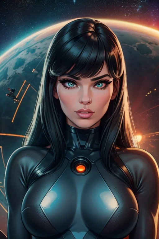 Best quality, 8K, woman space retro futurism, beautiful and detailed face, black straight long hair, bangs,big eyelashes,LOOKING TO observer,black bodystocking, sci-fi RETRO SPACESHIP scenario