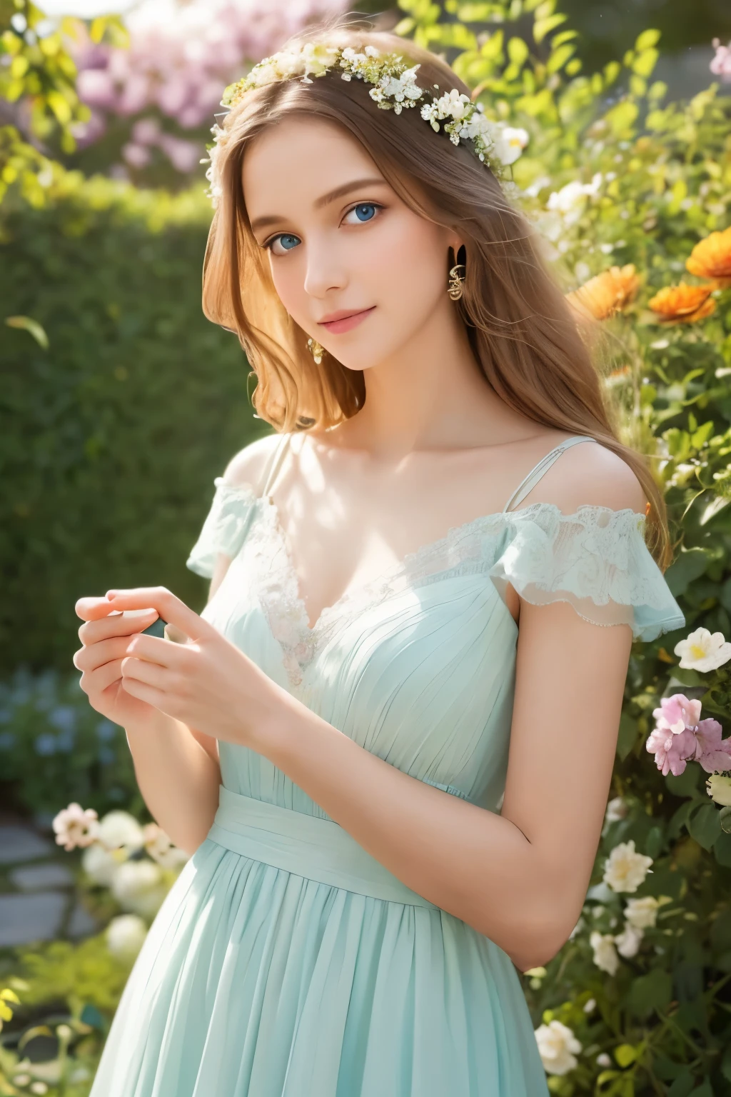 A girl with flowing golden hair and mesmerizing blue eyes, wearing an elegant white dress, standing in the midst of a vibrant garden filled with blooming flowers and lush greenery. The sunlight gently illuminates her delicate features, casting a soft glow on her flawless skin. She holds a delicate butterfly in her hand, while a gentle breeze swirls around her, causing the flowers to dance in harmony. The scene is captured in a breathtaking oil painting, with every detail meticulously crafted to create a masterpiece. The colors are vibrant and vivid, with a hint of ethereal pastel tones, giving the artwork a dreamlike quality. The lighting is soft and diffused, creating a serene and tranquil ambiance. The high-resolution image showcases the artist's impeccable skill, capturing every intricate detail with precision. The overall atmosphere exudes a sense of beauty, grace, and enchantment. The artwork is reminiscent of classical portraits, with a touch of fantasy and whimsy, evoking emotions of wonder and awe