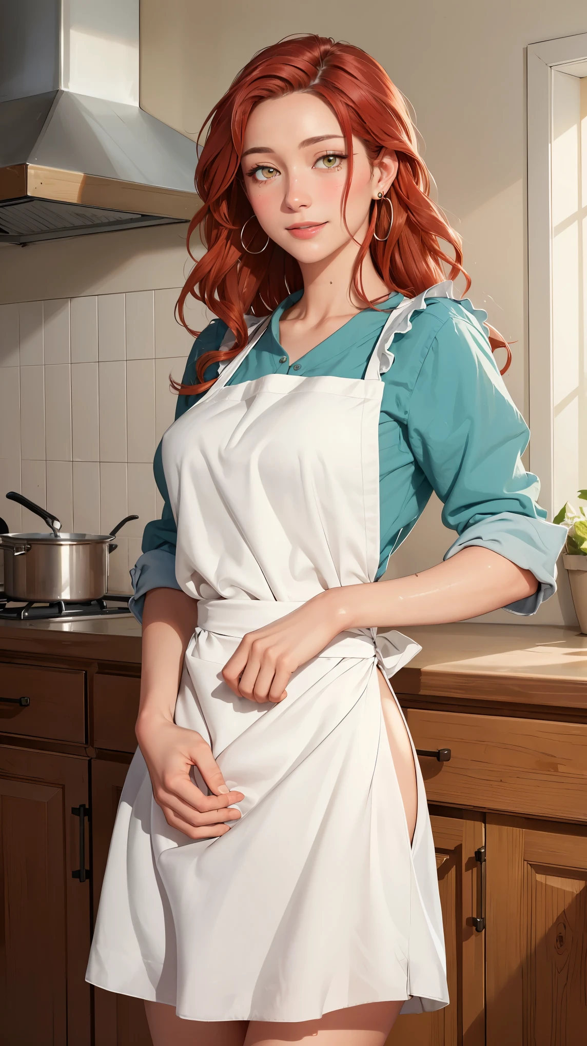 ((((masterpiece, best quality, high resolution)))), Extremely detailed 8K, Beautiful girl with voluptuous body, (Ultra HD, Ultra-detailed, Highly detailed, Highly realistic, Ultra-realistic, photograph realistic), (1girl:1.5), (Realistic red hair), (long wavy hair, hair ornaments, earrings), (dynamic poses), facing at camera, looking at viewer, (blushing red, embarrassed, smile), (hazel eyes, sharp eyes), (big perky breasts:1.2), (beautiful detailed face, beautiful detailed eyes), ((white naked apron)), (standing up), sweat, glow, (sunbeam, sunlight), ((cowboy shot)), kitchen