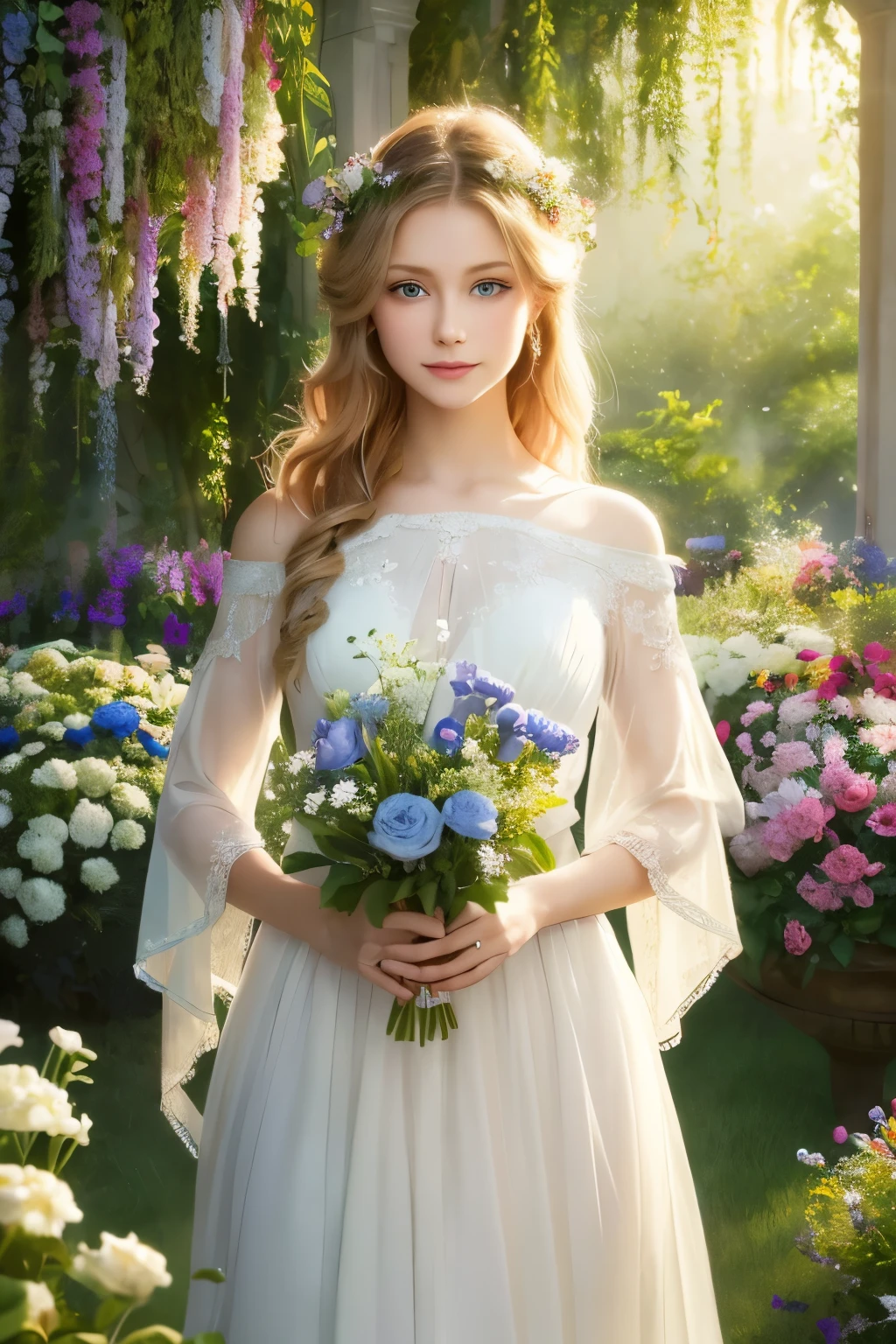 A girl with flowing golden hair and mesmerizing blue eyes, wearing an elegant white dress, standing in the midst of a vibrant garden filled with blooming flowers and lush greenery. The sunlight gently illuminates her delicate features, casting a soft glow on her flawless skin. She holds a delicate butterfly in her hand, while a gentle breeze swirls around her, causing the flowers to dance in harmony. The scene is captured in a breathtaking oil painting, with every detail meticulously crafted to create a masterpiece. The colors are vibrant and vivid, with a hint of ethereal pastel tones, giving the artwork a dreamlike quality. The lighting is soft and diffused, creating a serene and tranquil ambiance. The high-resolution image showcases the artist's impeccable skill, capturing every intricate detail with precision. The overall atmosphere exudes a sense of beauty, grace, and enchantment. The artwork is reminiscent of classical portraits, with a touch of fantasy and whimsy, evoking emotions of wonder and awe