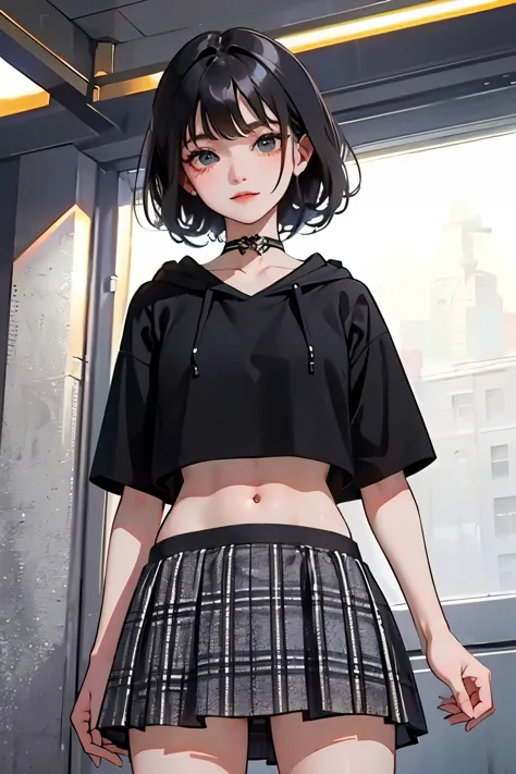 （masterpiece，highest quality），crop top look，Short sleeve hoodie，
(Black mini skirt with gingham check)，black haired