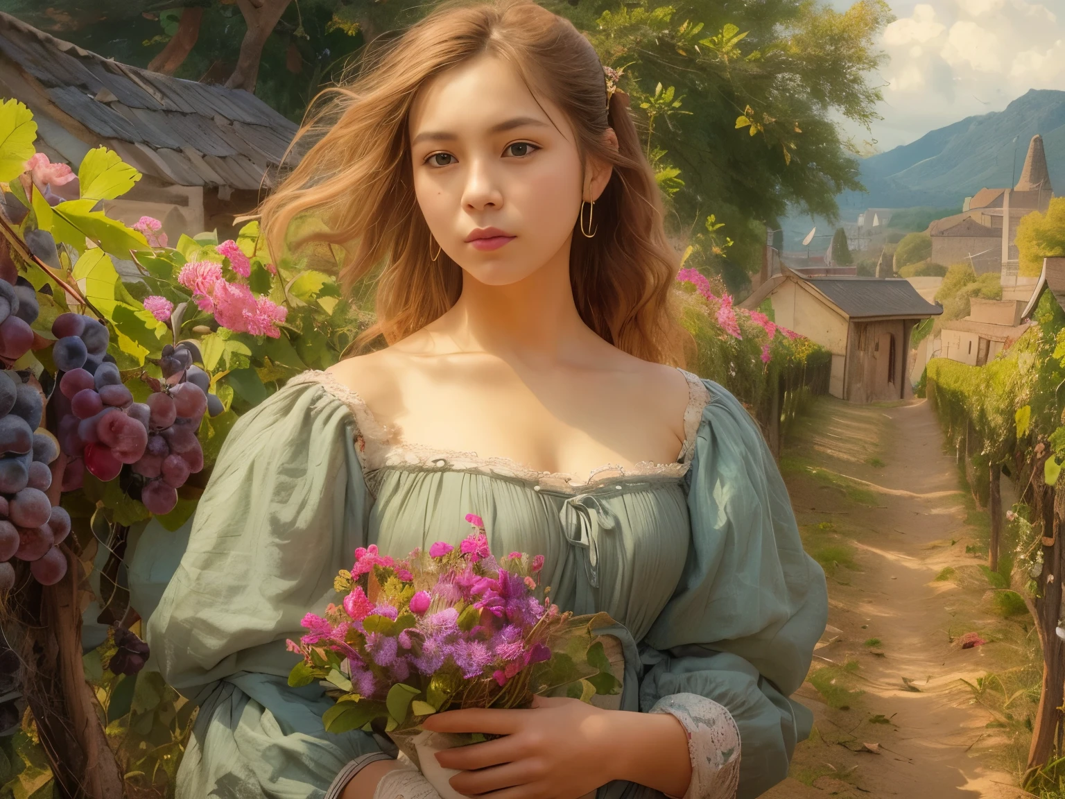 1 girl, high detail, renaissance, romanticism, american propaganda poster, Expressionism, genre painting, Impressionism, nffsw, anatomically correct, rough skin, advanced details, award-winning, highest quality, High resolution, 8K、beautiful face、detailed face、country girl、20-year-old、beautiful woman、the most beautiful women in the village、agriculture、(full body shot)、perfect proportions、Curvaceous、healthy beauty、skip、Smile a little、happiness、Grape picking、Vineyards、soft light、