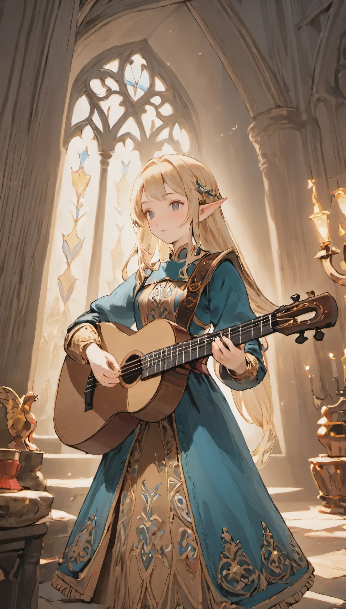 female adventurer, full body, Game Art Style, (masterpiece),  highest quality, High resolution, 4k, 8K, Detail view, intricate details, cinematic lighting, amazing quality, 1 girl, Bird、bard、Playing the lute、play the lute、((Close your eyes and sing passionately:1.2))、elf ears、ash blonde hair, great shading, soft lighting, Face-to-face camera, perfect eyes