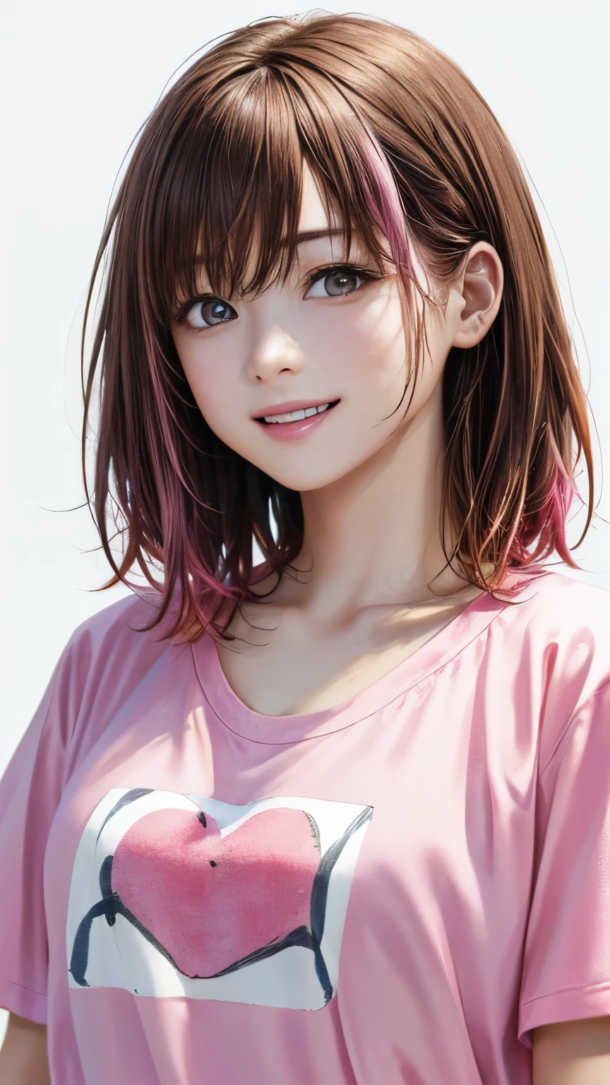 (highest quality、8K、32k、masterpiece)、(realistic)、(Photoreal:1.2)、(High resolution)、Super detailed、very beautiful face and eyes、1 girl、round and small face、thin waist、delicate body、(highest quality、high detail、Rich skin details)、(highest quality、8K、oil paint:1.2)、Super detailed、(realistic、realistic:1.37)、bright colors、(((light brown hair)))、(((bust shot)))、(((medium hair)))、(((It&#39;s a girly hairstyle)))、(((pure white wall background)))、(((pure white wall background)))、(((laughing)))、(((Wearing a pink T-shirt)))、(((English letters are written on the chest of the T-shirt)))、(((look straight ahead)))、(((pink hair)))、(((Looks fun)))、(((I have my hands on my hips)))、(((I'm slouching)))