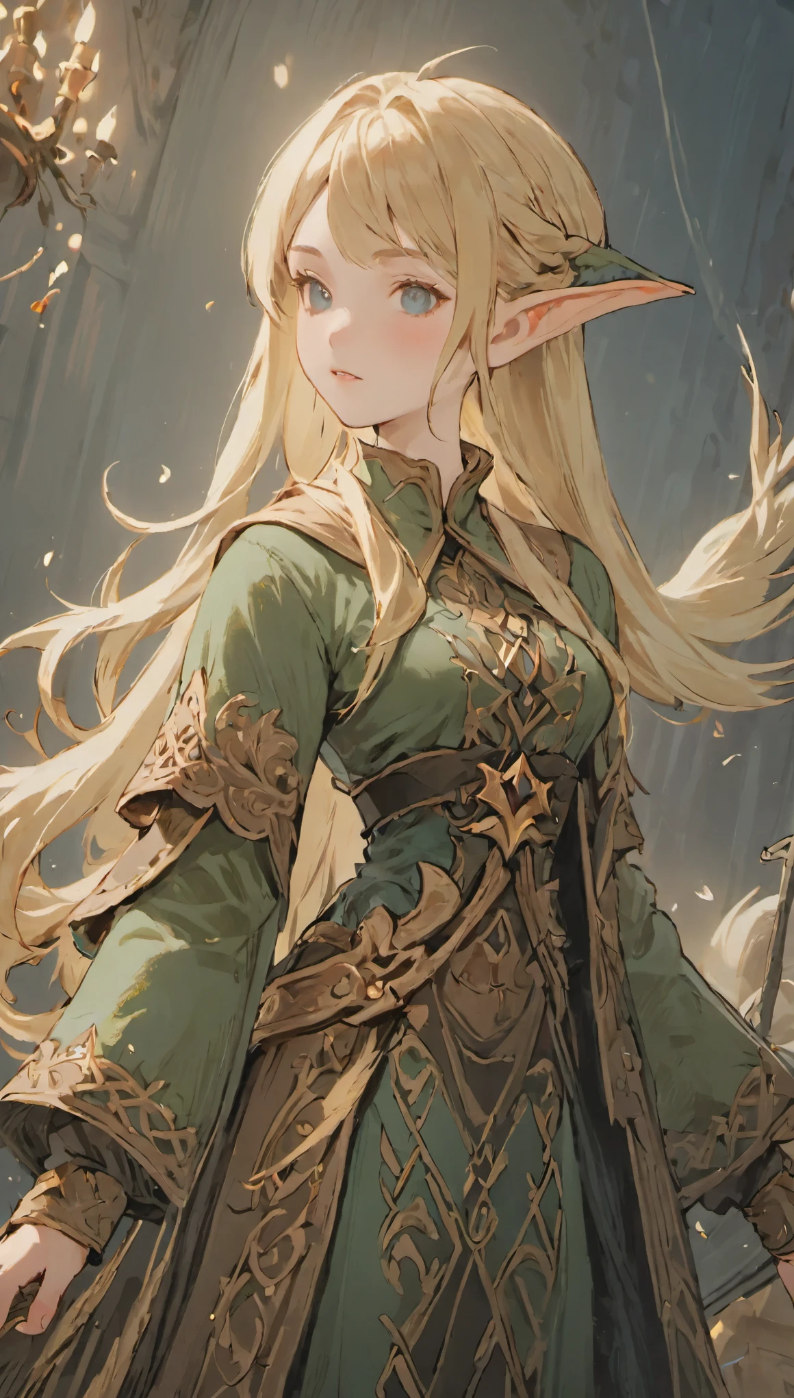 female adventurer, full body, Game Art Style, (masterpiece),  highest quality, High resolution, 4k, 8K, Detail view, intricate details, cinematic lighting, amazing quality, 1 girl, Bird、bard、Close your eyes and sing passionately、elf ears、ash blonde hair, great shading, soft lighting, Face-to-face camera, perfect eyes