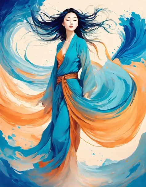 girl，Scriptures，Dunhuang art style illustration，Dunhuang art style，zen，Zen，gradient blue color, blue and orange，fluid movements ...