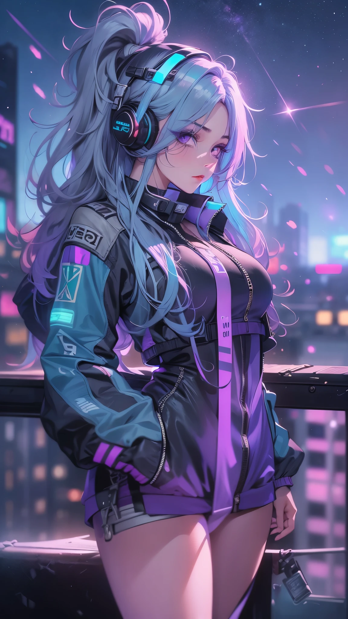 1 girl, Silver light blue hair, Gradient purple hair ends, super long hair, Technical clothing masterpiece, actual, Dark purple jacket, portrait, Illusion deep purple eyes, delicate eyes, wearing headphones, 28 year old girl, fashion pose, Half body, wide angle shot, on the street, cyberpunk, Focus on face, Very detailed facial, High like real eyes, one person, Big breasts and hot body, Random pose, Random expressions, Standing on the rooftop and looking at the starry night sky, meteor, wavy hair, absurdly long hair, single sidelock, hair over one eye, hair strand, high ponytail, aqua eyes, halo, makeup, realism, chiaroscuro, glowing light, sparkle, ray tracing, cinematic lighting, Futurism, best quality, UHD, super detail, masterpiece, highres, ccurate