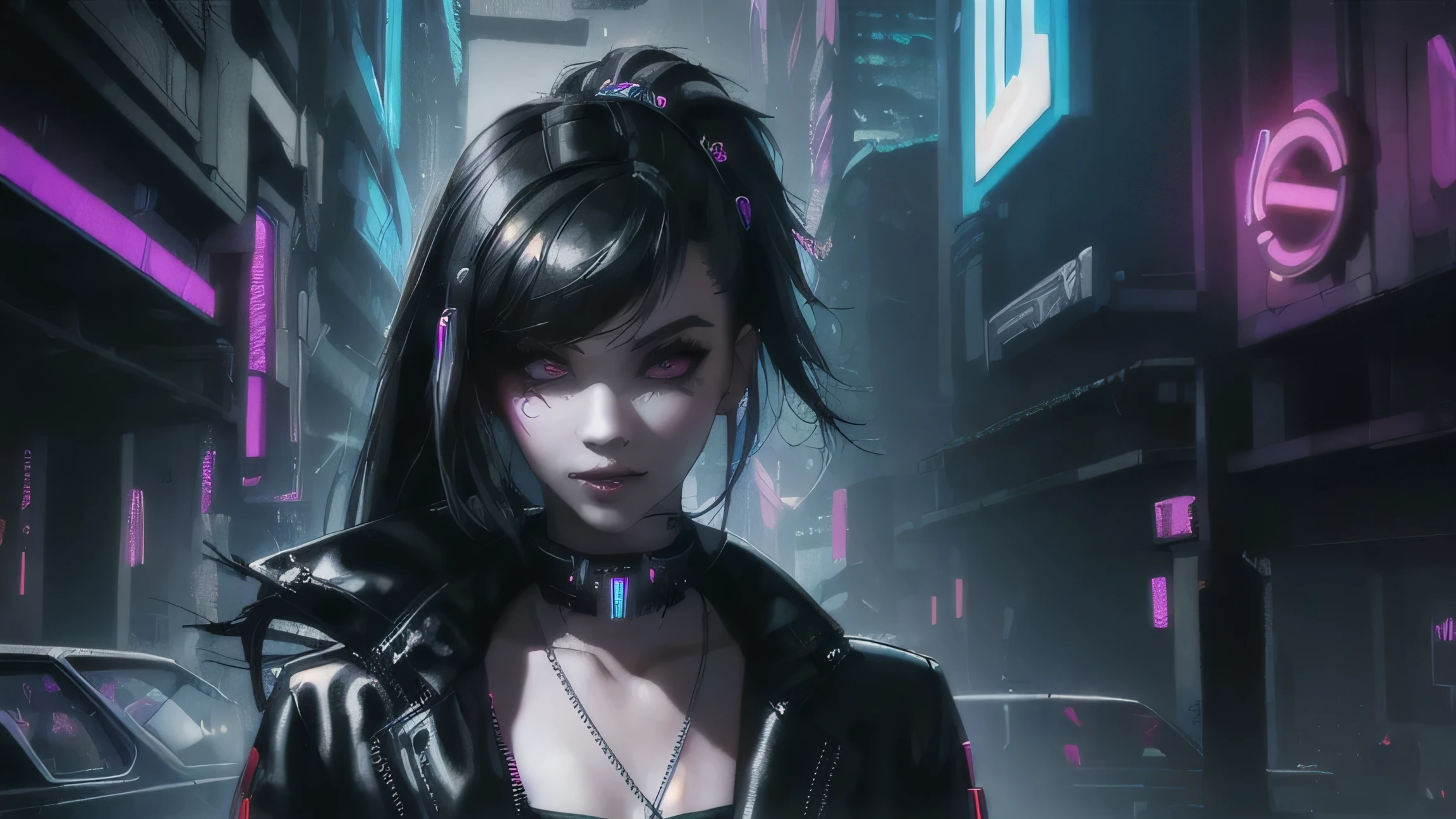 ((Best quality)), ((work-before)), (very detailed:1.3), .. 3d, Beautiful (cyberpunk:1.3) , Stylish woman looking at camera, black trousers, black T-shirt