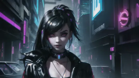 ((Best quality)), ((work-before)), (very detailed:1.3), .. 3d, Beautiful (cyberpunk:1.3) , Stylish woman looking at camera, blac...