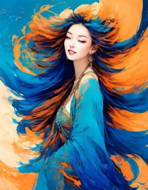 Hip-hop girls，Scriptures，Dunhuang art style illustration，Dunhuang art style，zen，Zen，gradient blue color, blue and orange，fluid m...