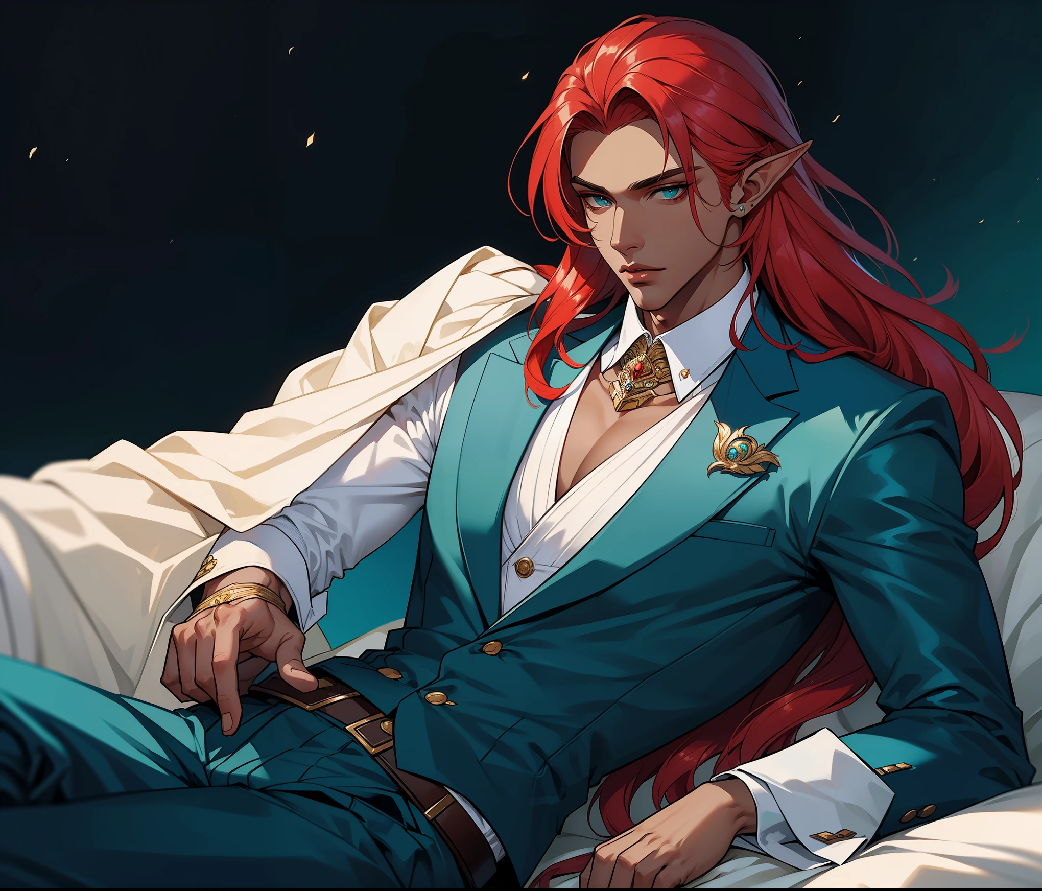 (((Masterpiece))), top quality, handsome dapper male elf, super detailed, kind and sophisticated, white corset vest, pants, shiny skin, long red hair, teal eyes, (dark skin), light background, ((male focus)).