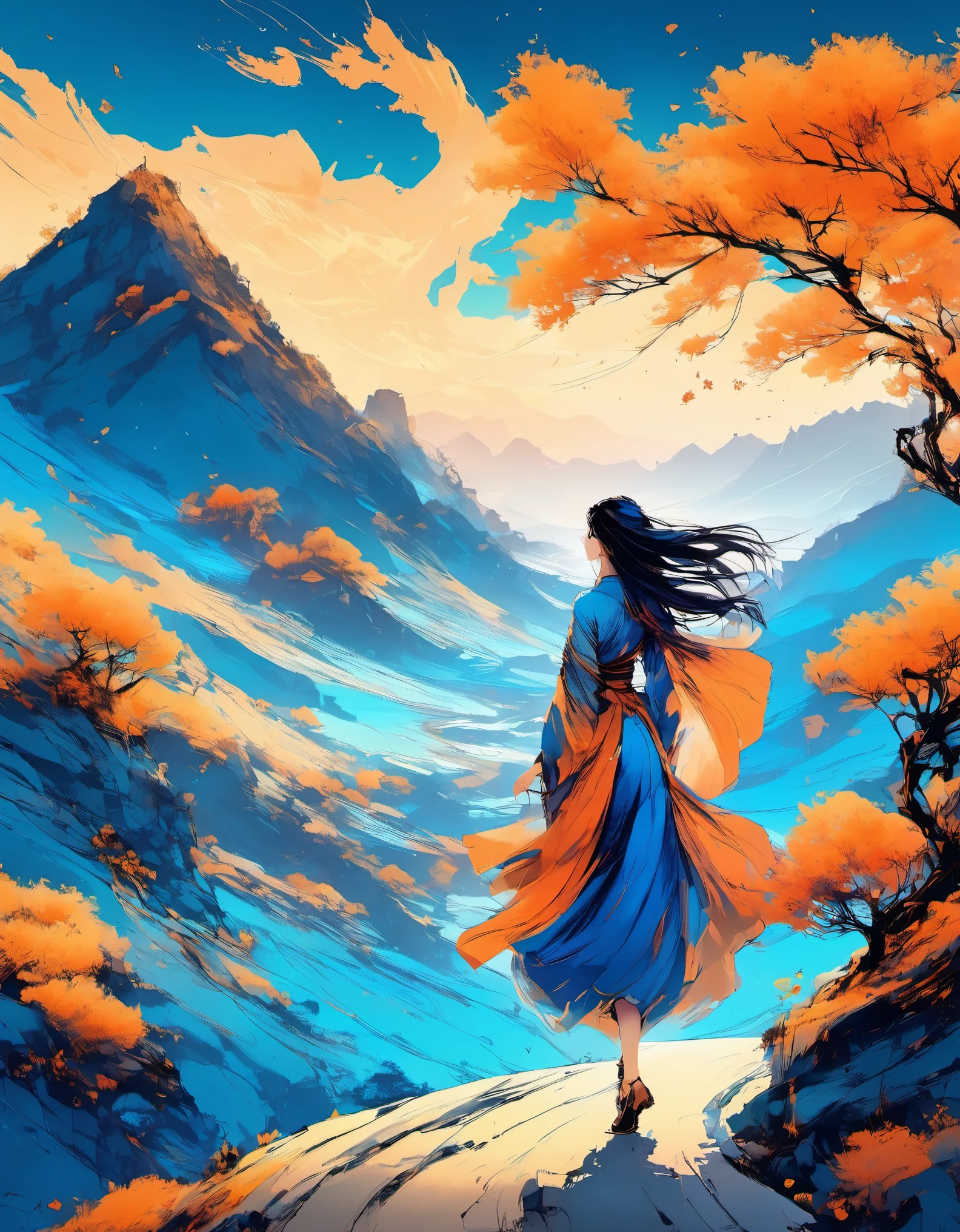 (Melhor qualidade de imagem,4K,alta definição:1.2),super delicado,(realista,realista:1.37),montanha,estrada,jornal,A garota dança como uma onda com muito papel de fax,Lá&#39;um feitiço mágico flutuando nele,Muitos feitiços mágicos flutuantes,Ilustrações no estilo artístico Dunhuang,estilo zen,gradiente azul,azul e laranja,movimentos suaves,foco claro,fantasia,romântico。