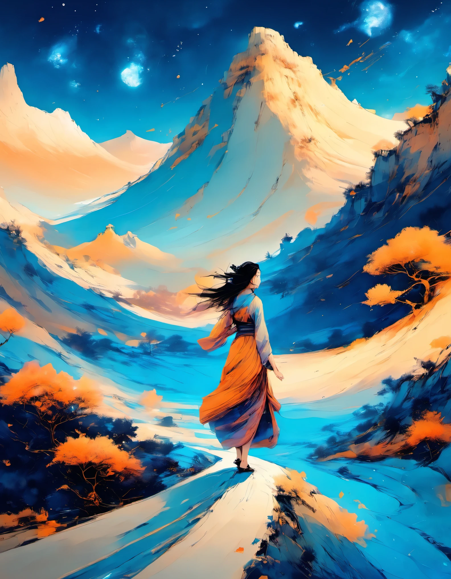 (best picture quality,4K,HD:1.2),Super delicate,(Realistic,lifelike:1.37),Mountain,road,newspaper,The girl dances like a wave with lots and lots of fax paper,There&#39;s a magic spell floating on it,Lots of floating magic spells,Illustrations in Dunhuang art style,zen style,gradient blue,blue and orange,smooth movements,clear focus,fantasy,romantic。